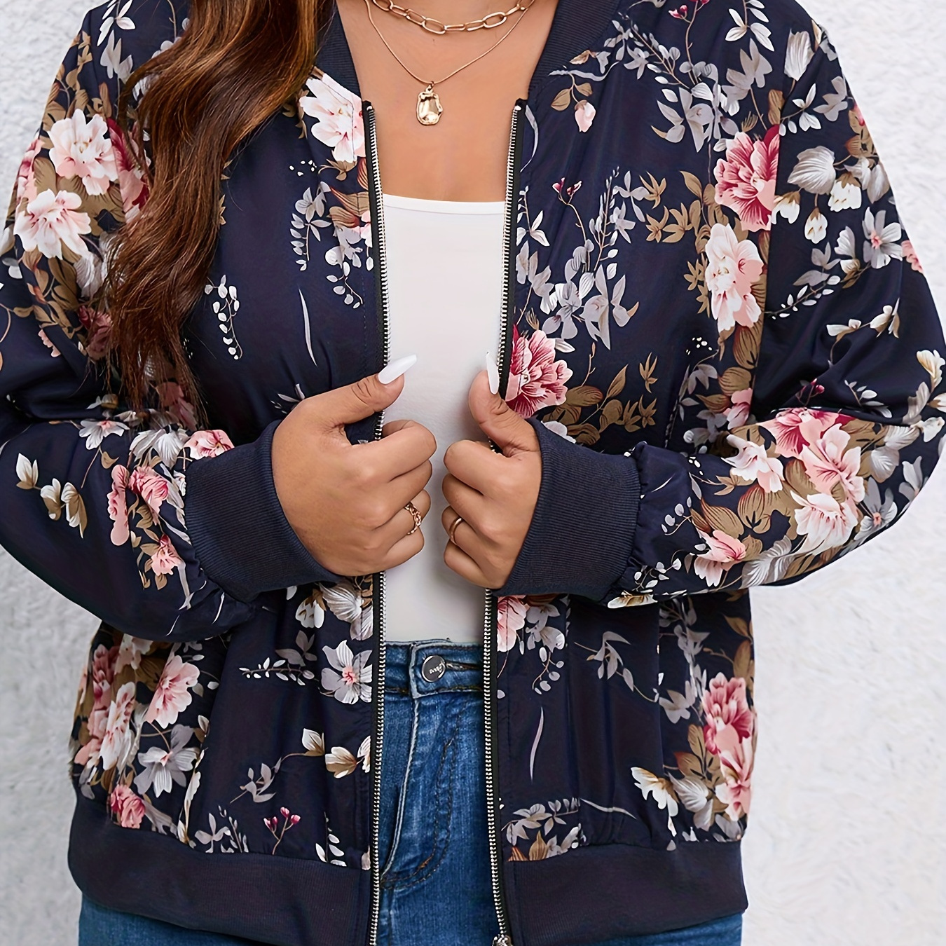 

Plus Size Casual Jacket, Women's Plus Floral Print Long Sleeve Zipper Up Bomber Jacket