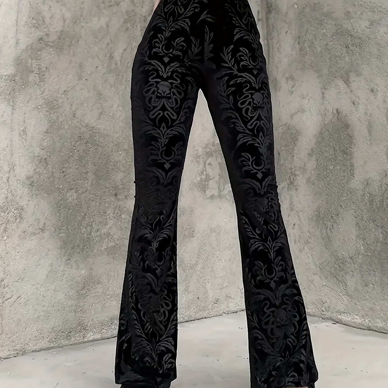 

Damask Pattern Flare Leg Pants, Elegant High Waist Pants For Spring & Fall, Women's Clothing
