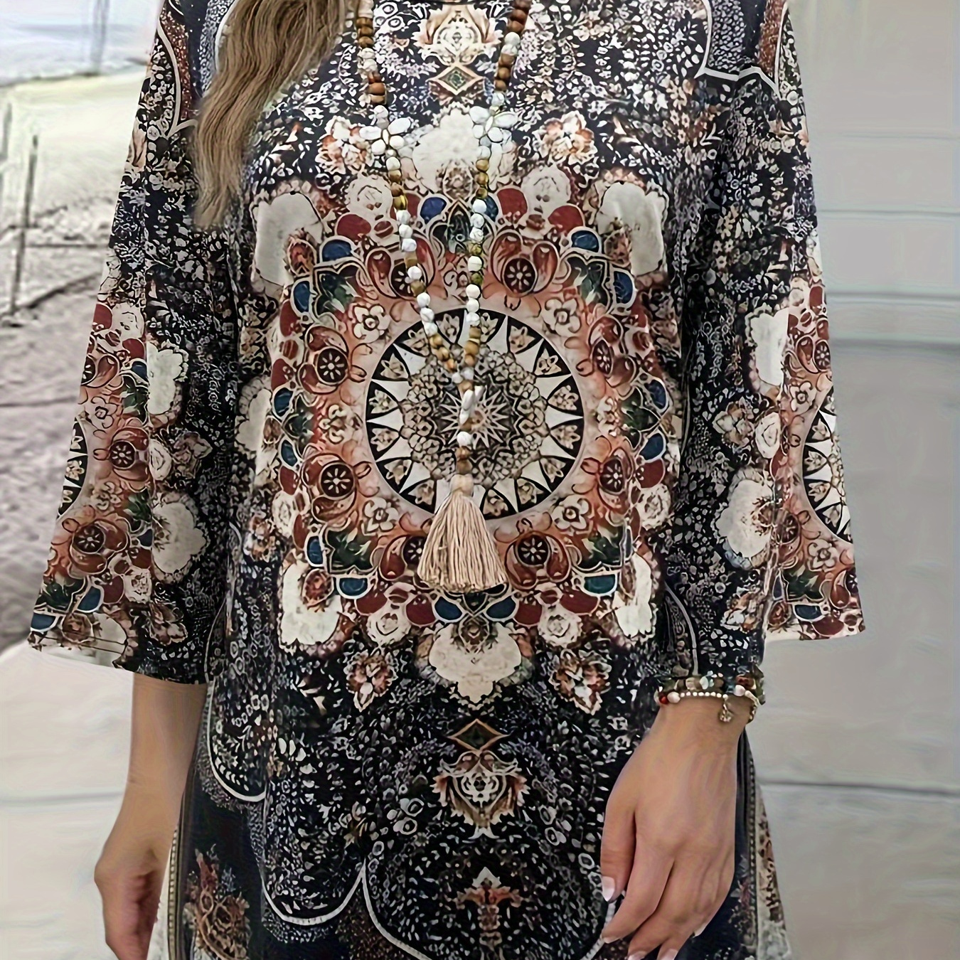 

1pc Plus Size Elegant Round Neck Top, Ethnic Print Half Sleeve Knit T-shirt, Polyester Stretch Fabric, All Season Fashion