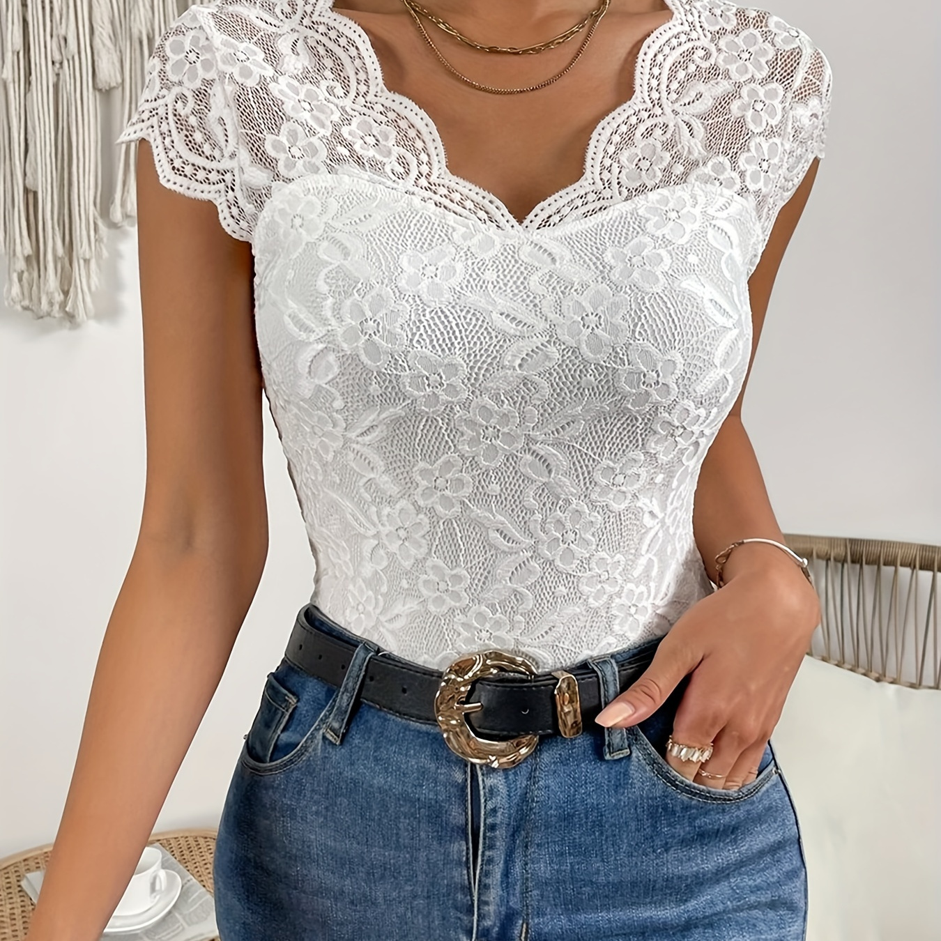 

Solid Color V Neck T-shirt, Casual Short Sleeve Slim Crop Lace T-shirt For Spring & Summer, Women's Clothing