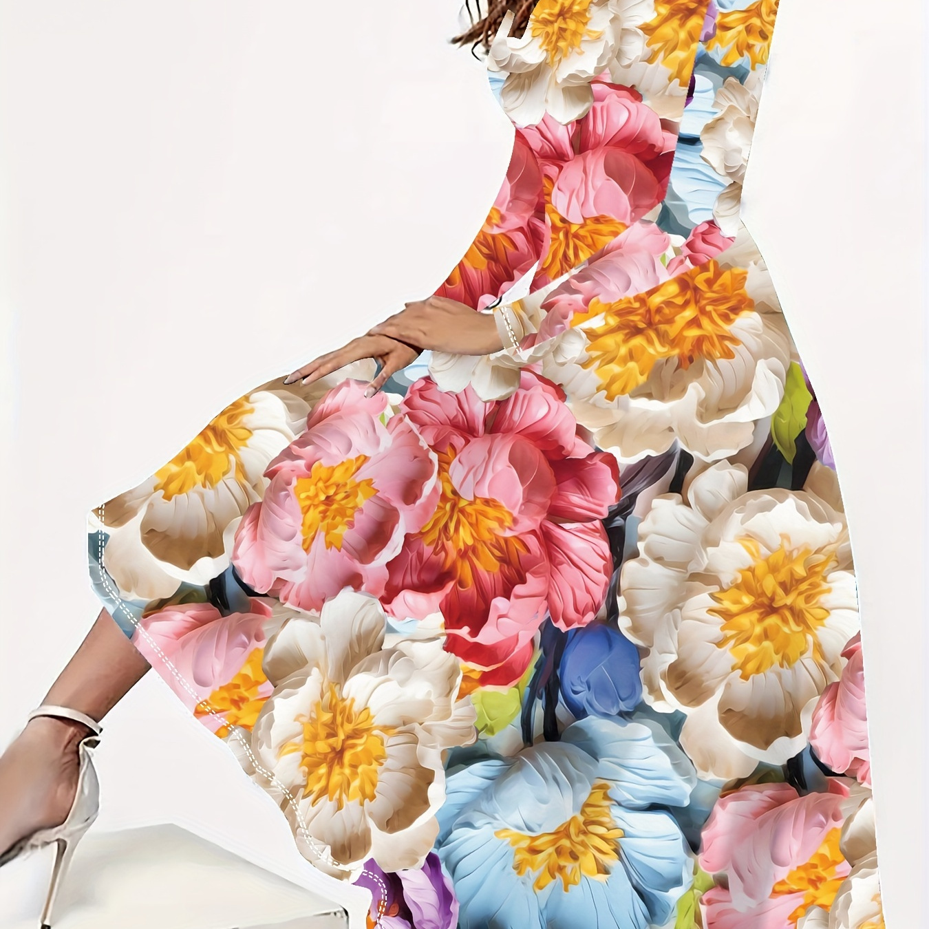 

Plus Size Floral Print Longline Dress, Elegant Long Sleeve Crew Neck Dress For Spring & Fall, Women's Plus Size Clothing