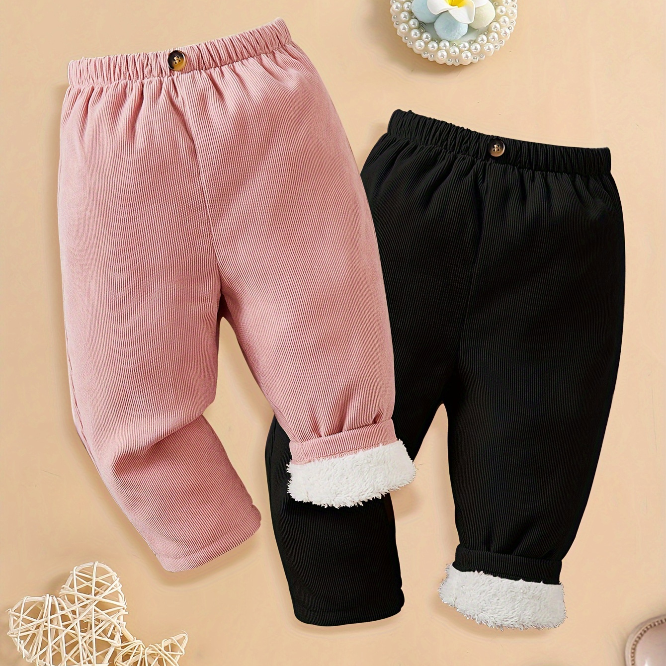 

2pcs Baby's Casual Warm Corduroy Pants, Fuzzy Fleece Lining Elastic Waist Trousers, Infant & Toddler Girl's Clothing For Fall Winter Outdoor