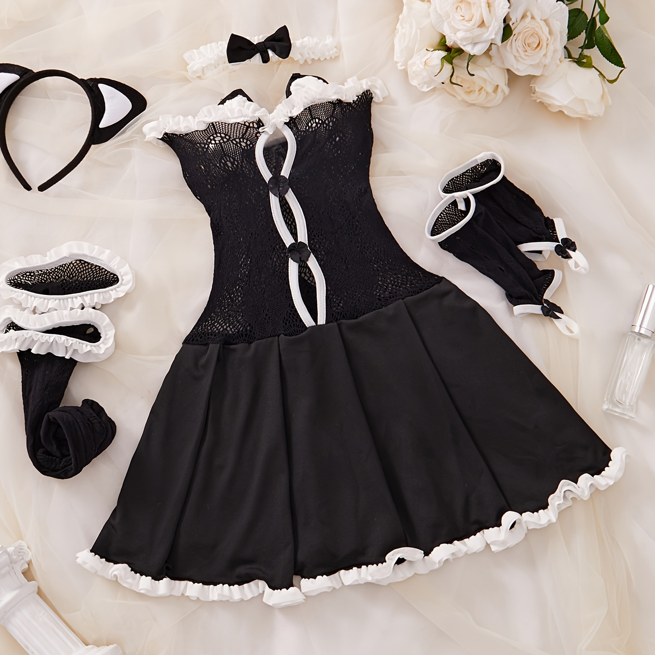 

Naughty Maid Cosplay Costume, Frill Trim Contrast Lace Tube A-line Dress & & Gloves & Stockings & Choker & Headband, Women's Sexy Lingerie & Underwear