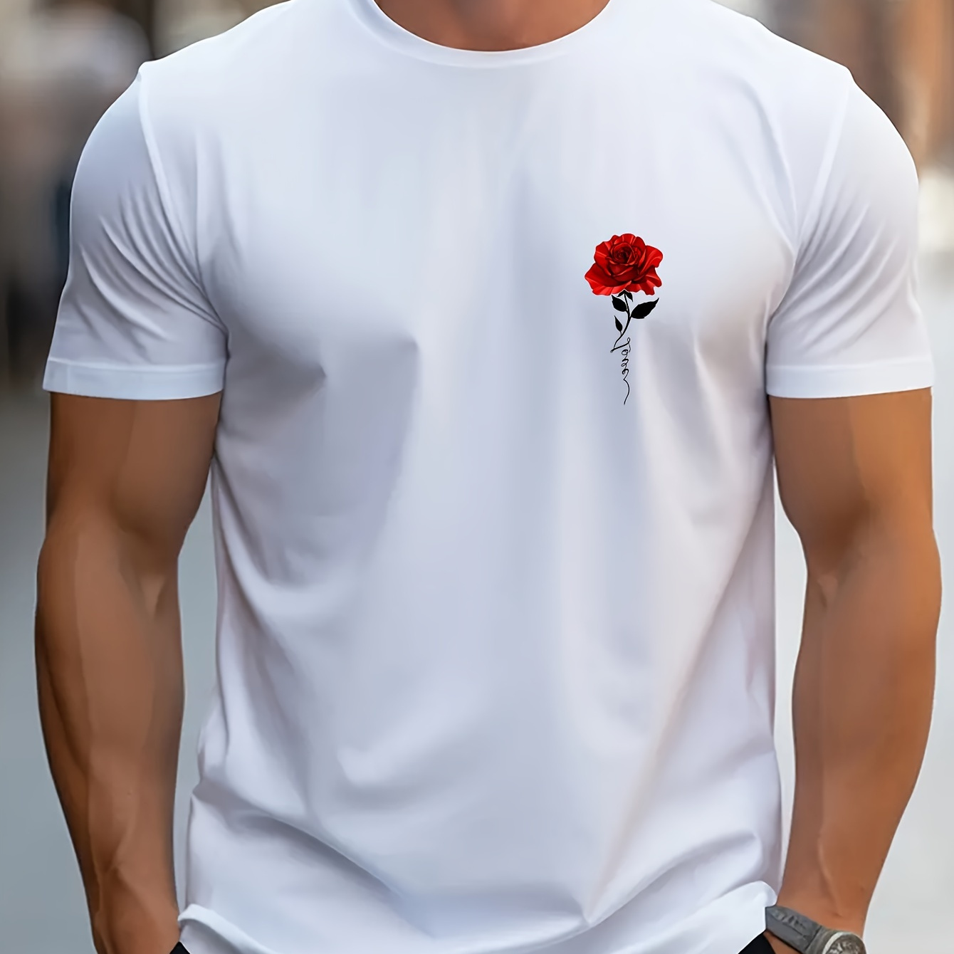 

T-shirt décontracté pour homme avec impression graphique de rose, hauts à manches courtes, vêtements de sport d'extérieur pour l'été