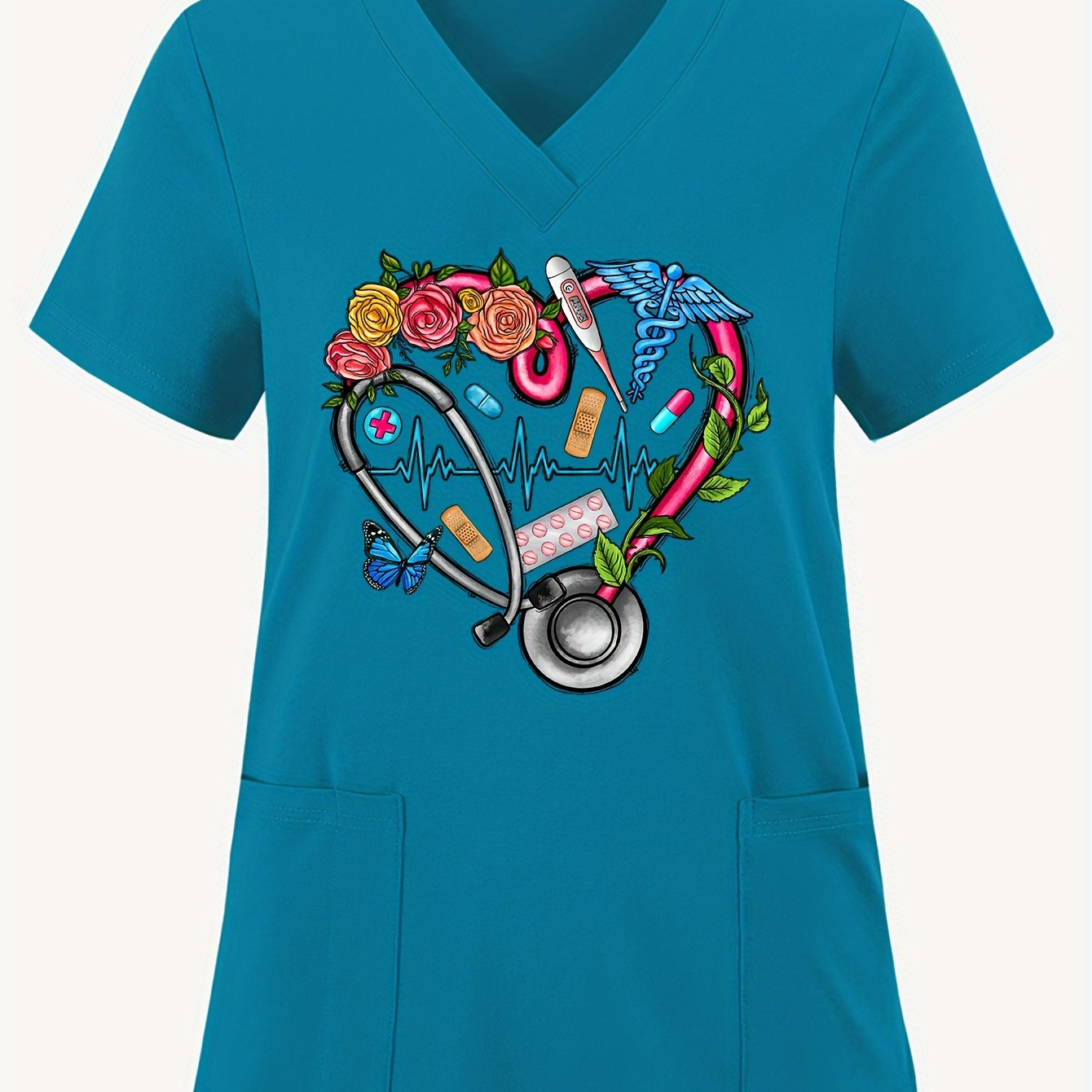 

Heart Print V Neck Scrub Tops, Elegant Patched Pockets Short Sleeve Nurse Uniform, Women's Clothing