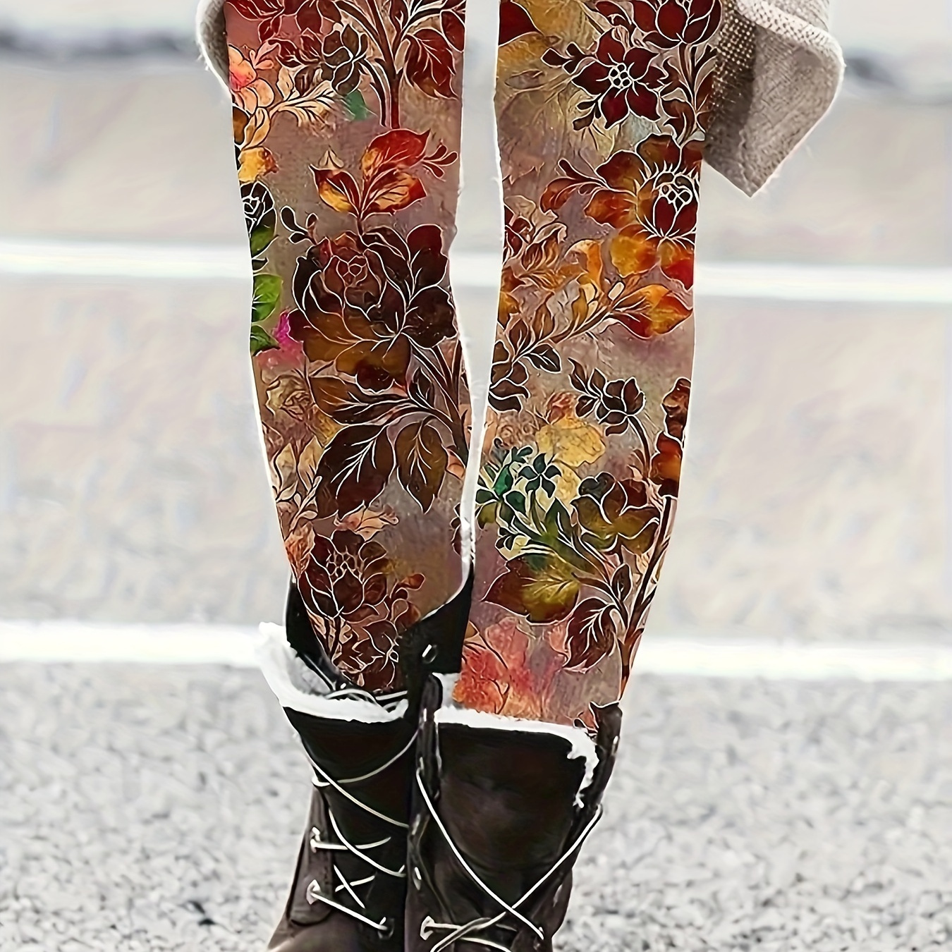 

Leggings Élastiques à Imprimé Floral Élégant pour Femmes - Taille Haute, Coupe Confortable avec Mélange de Polyester Élastique, Lavable en Machine