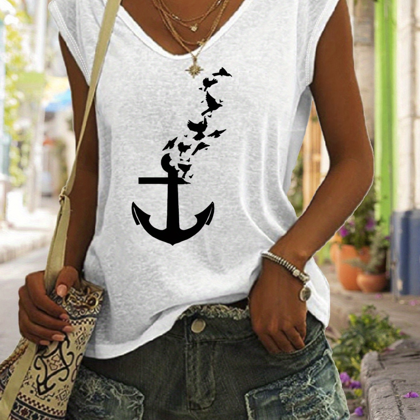 

Anchor Print V Neck Top, Casual Cap Sleeve Top For Spring & Summer, Women's Clothing