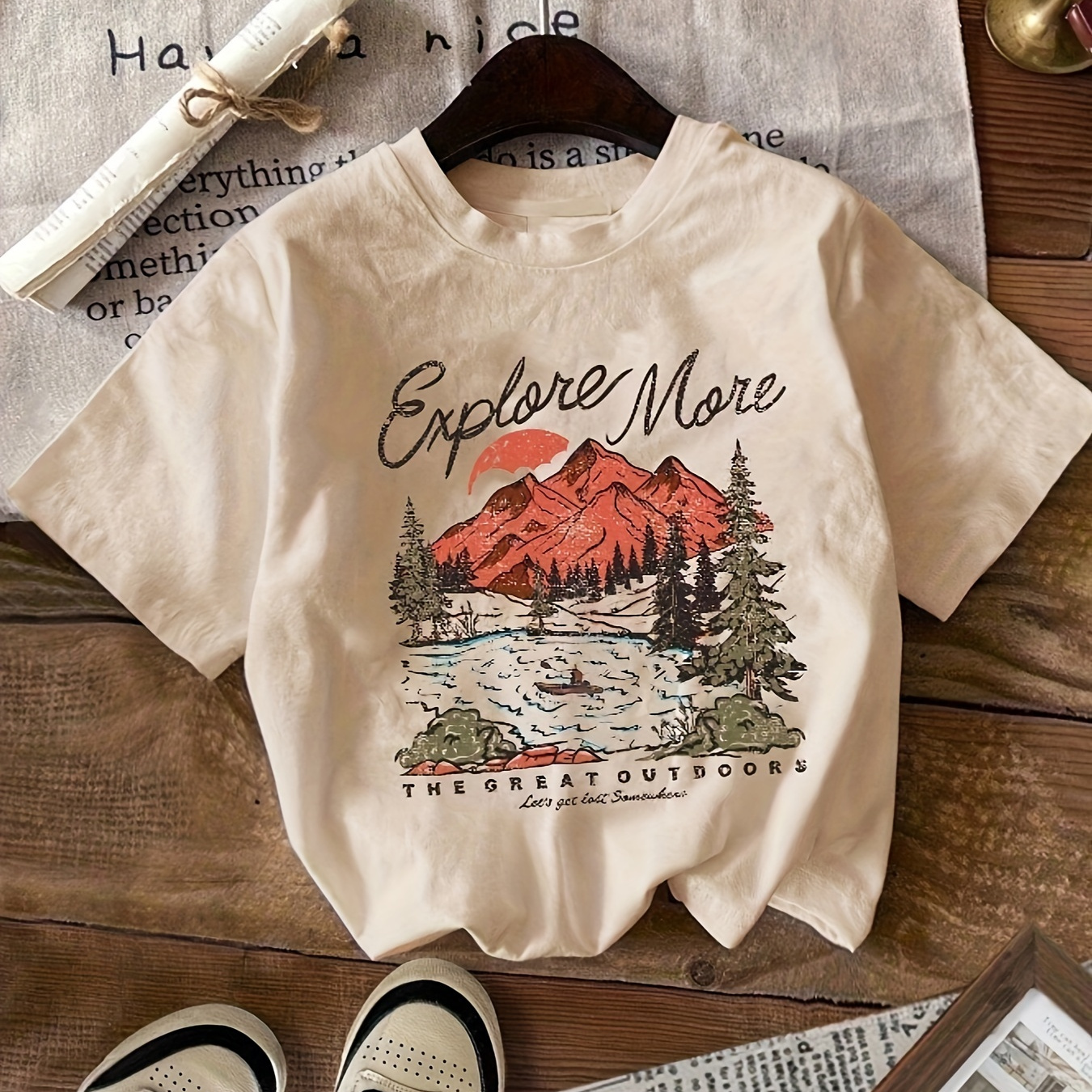 

Women's Casual Crew Neck T-shirt With Explore More Landscape Print - Polyester Blend (95% Polyester, 5% Spandex), Knit Fabric, Regular Length, All-season Top