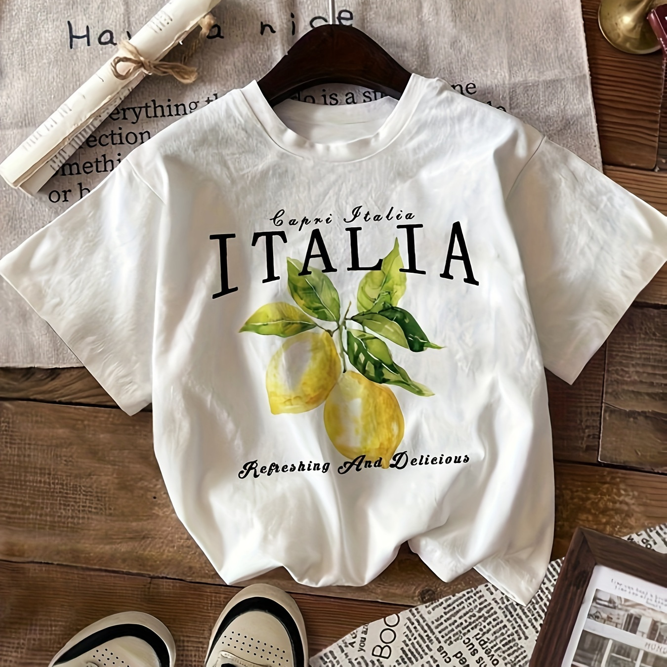 

Italian Lemon Graphic Print T-shirt - Casual Crew Neck Short Sleeve Tee With Fruit & Vegetable Pattern, 95% Polyester 5% Spandex Knit Fabric, All-season Regular Length Top