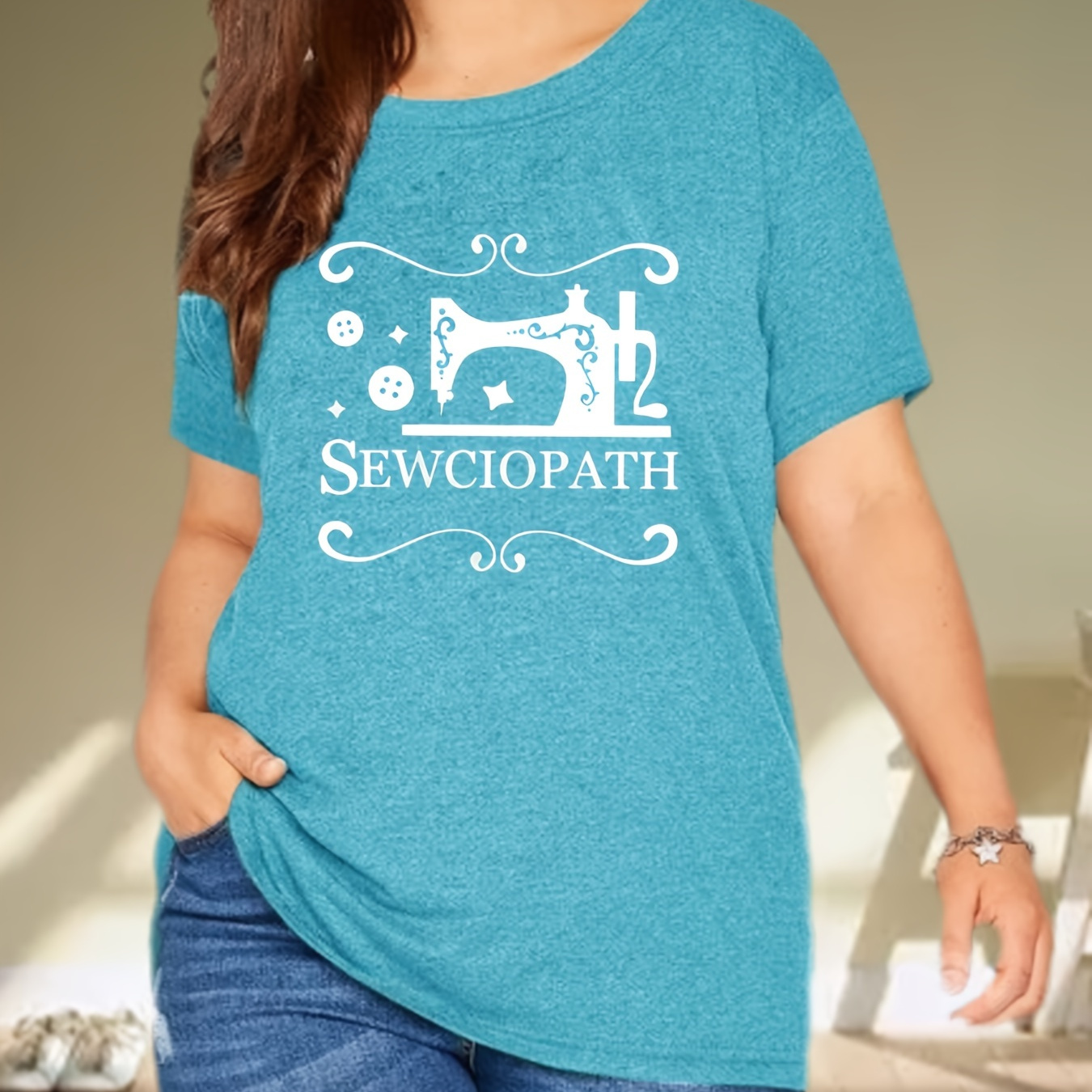 

Plus Size Sewing Machine Print T-shirt, Casual Short Sleeve Top For Spring & Summer, Women's Plus Size Clothing