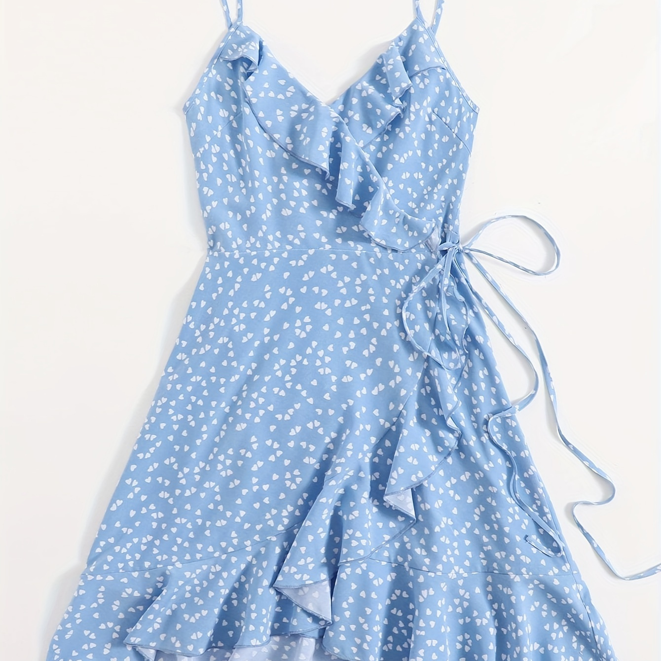 

Robe Cami À Volants Avec Imprimé Cœur Lacé, Élégante Robe Sans Manches À Col En V Pour Le Printemps Et L'été, Vêtements Pour Femmes