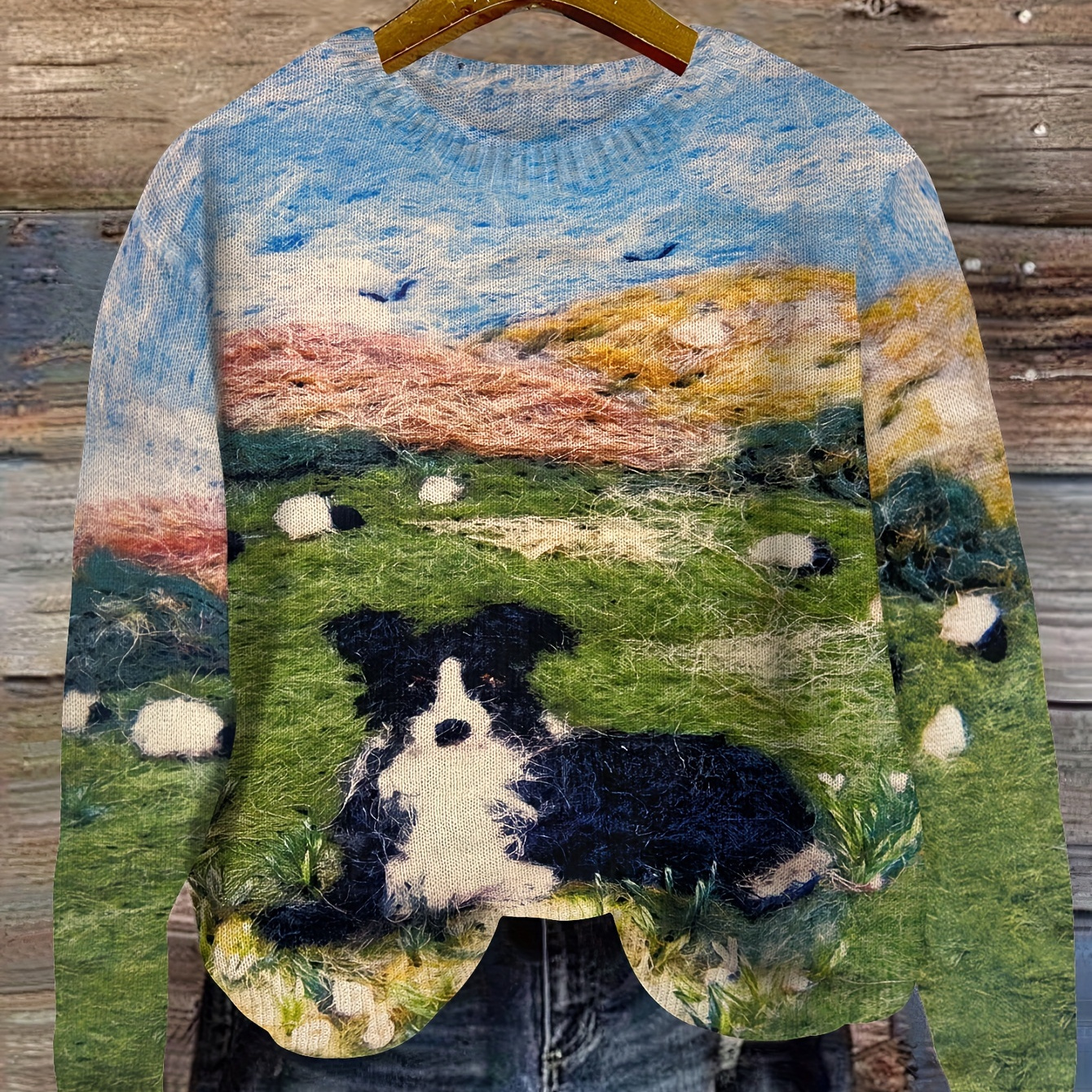 

Sheepdog Pattern Thin Knit, Casual Crew Neck Long Sleeve Sweater, Women's Clothing