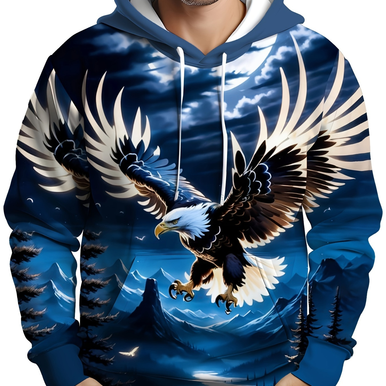 

Plus Size Men's Eagle Hoodie With Kangaroo Pocket, Casual Long Sleeve Hooded Sweatshirt For Outdoor