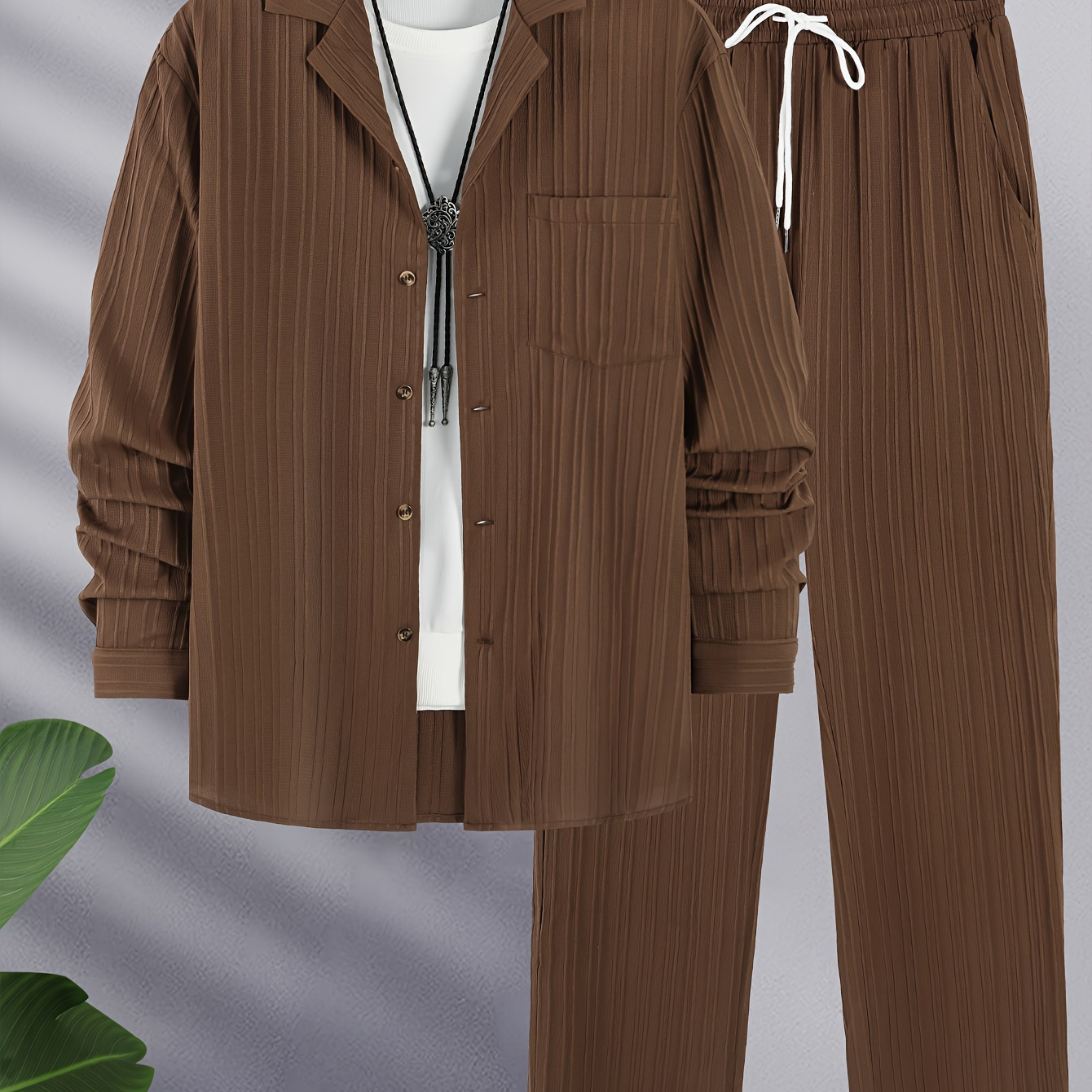 

Autumn Textured Wave Collar Long Sleeve Shirt + Straight Long Pants Casual Suit