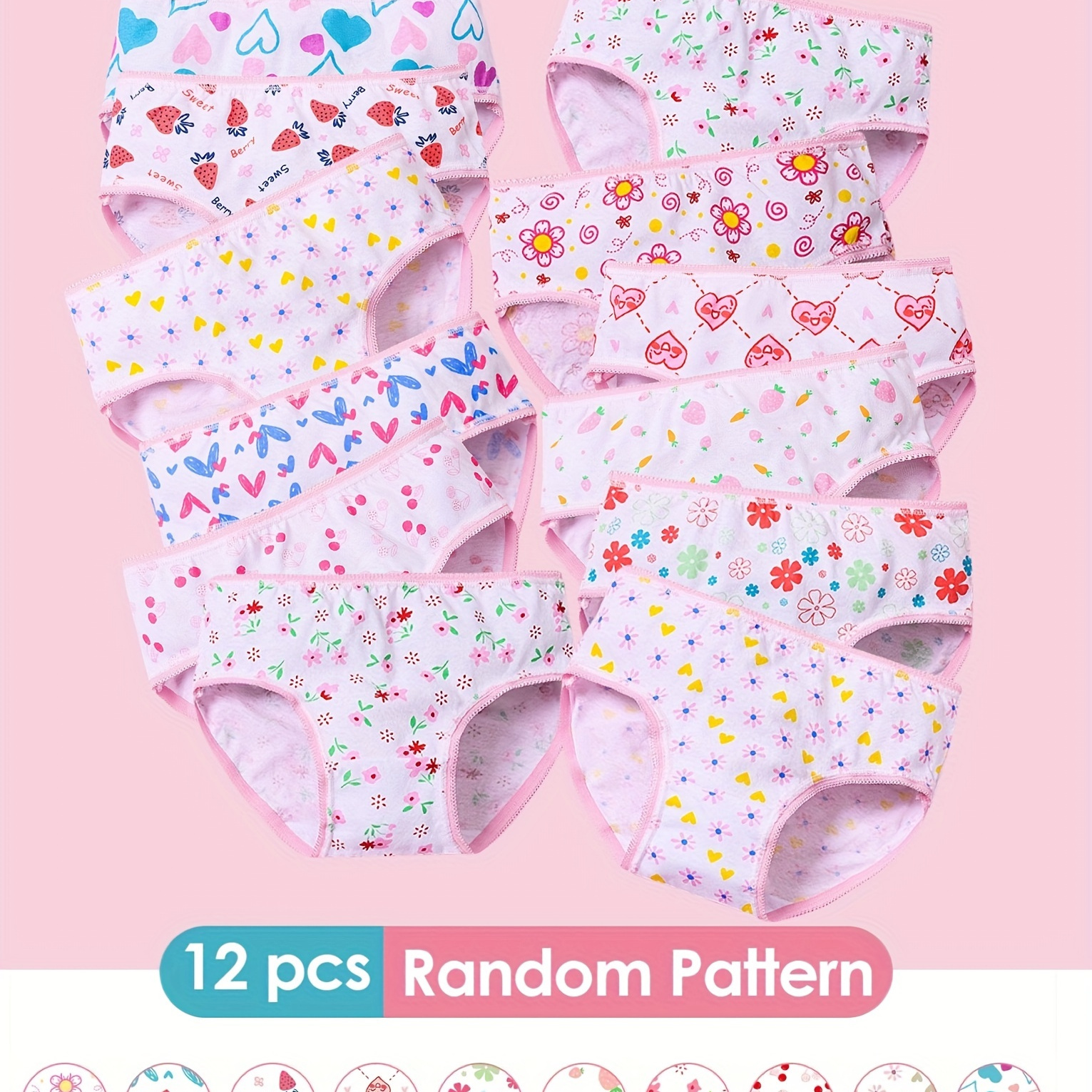 

12pcs Girls' Cotton Panties, Love & Floral Pattern Soft & Breathable Lace Triangle Underwear