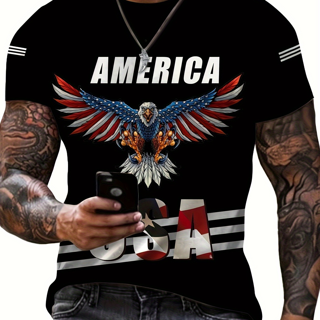 

Men's American Flag And Eagle Pattern And Letter Print Crew Neck And Short Sleeve T-shirt, Casual And Stylish Tops For Summer Street And Holiday Wear