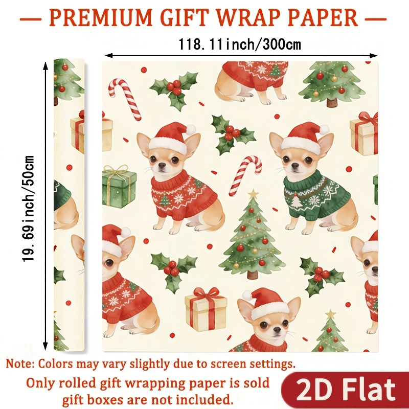 TEMU 1 Rouleau de de Noël Chihuahua - Papier d'Emballage Brillant avec Chihuahuas en Bonnets et Pulls de Père Noël, Houx, en Sucre, - Fond pour