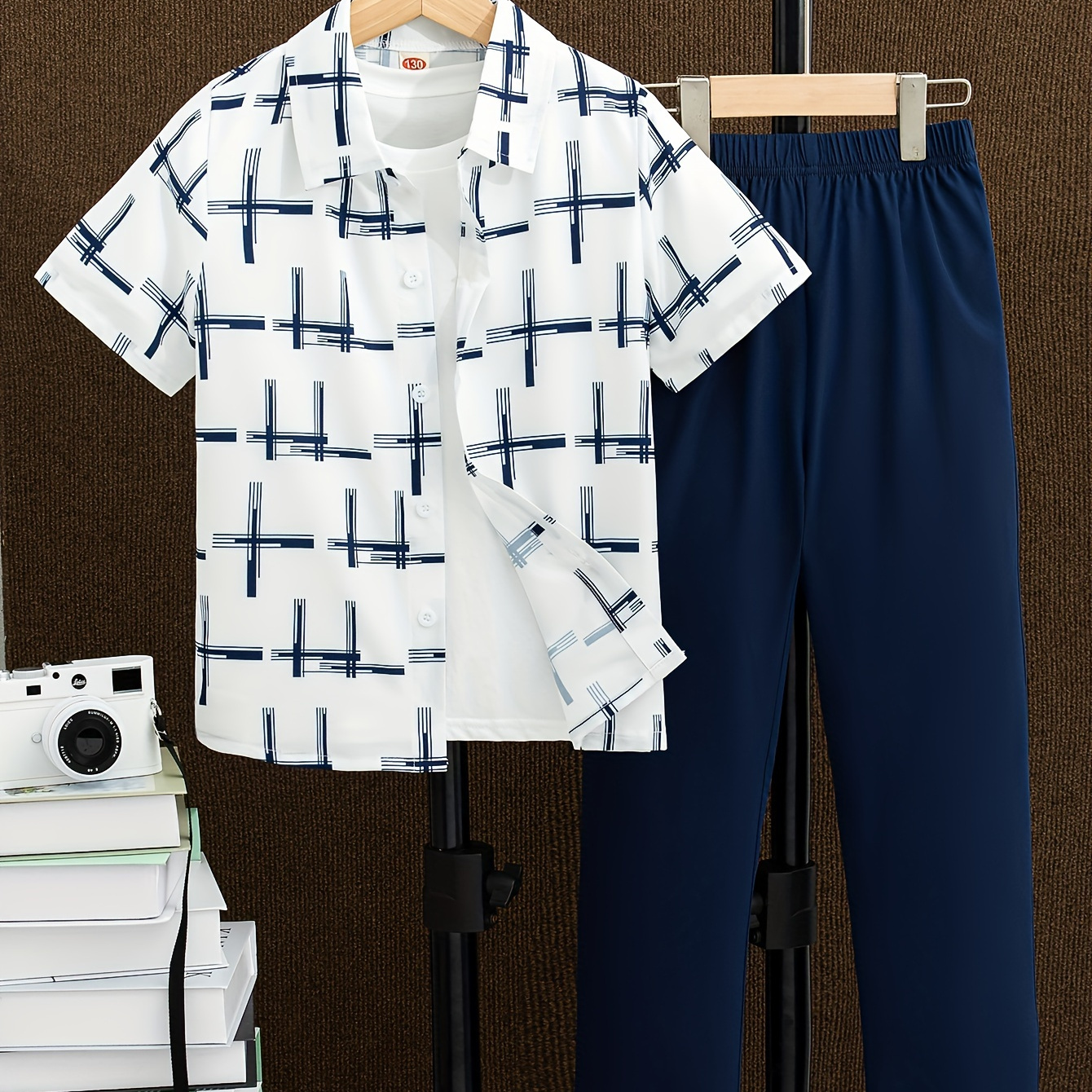 TEMU Boys 2-piece Casual Outfit Set, Geometric Pattern Versatile Short Sleeve Shirt With Long Pants, Comfy Summer Clothes