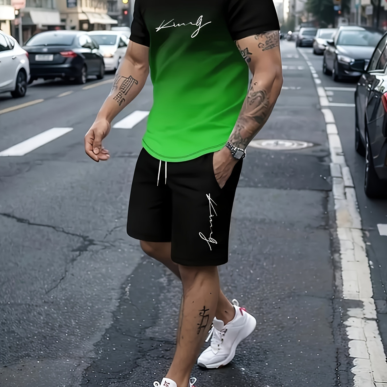 

Men' Casual Summer Sports Suit Set, Short Sleeve, Round Neck, Knit Fabric, Polyester 100%, Printed Pattern, Unisex-fit