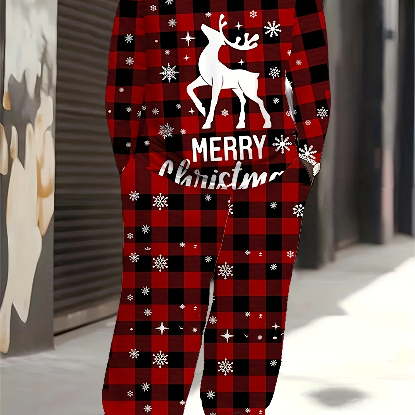 

Plus Size Christmas Sweatsuit Set For Men - Casual Sports Polyester Knit Fabric With Slight Stretch, Crew Neck Long Sleeve Top With Merry Christmas Deer Print, Regular Fit Patterned Pants