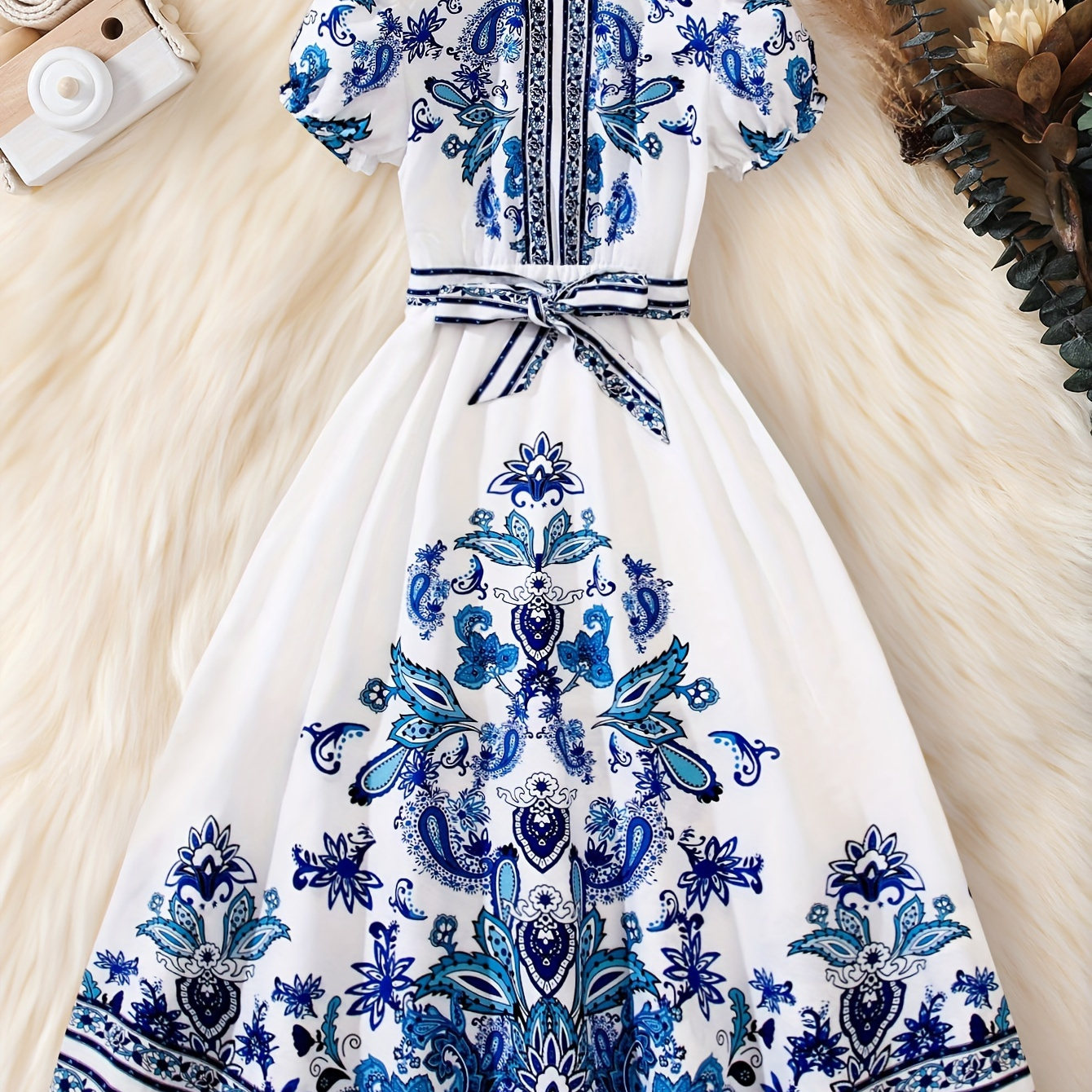 

Ethnic Floral Lantern Sleeve Midi Dress + Bow Belt, Girls Elegant Casual Dresses Holiday Summer Gift