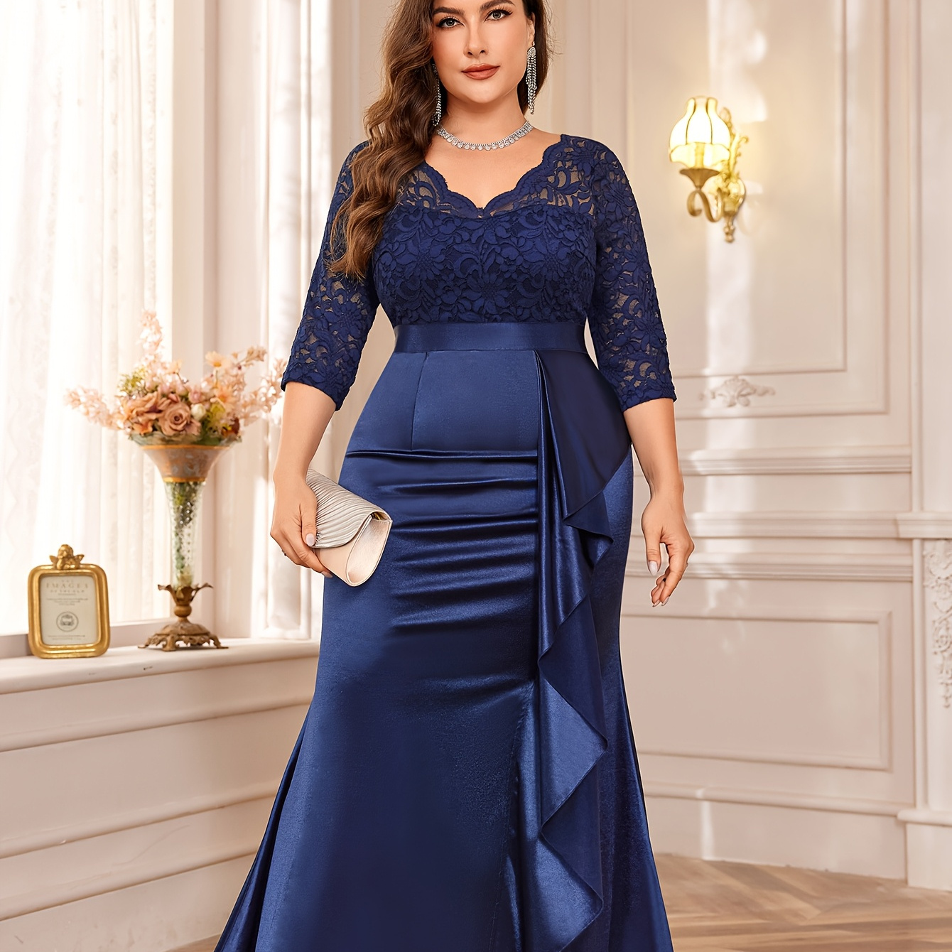 plus size 24251 v neck quarter sleeve floral lace - Temu Mauritius