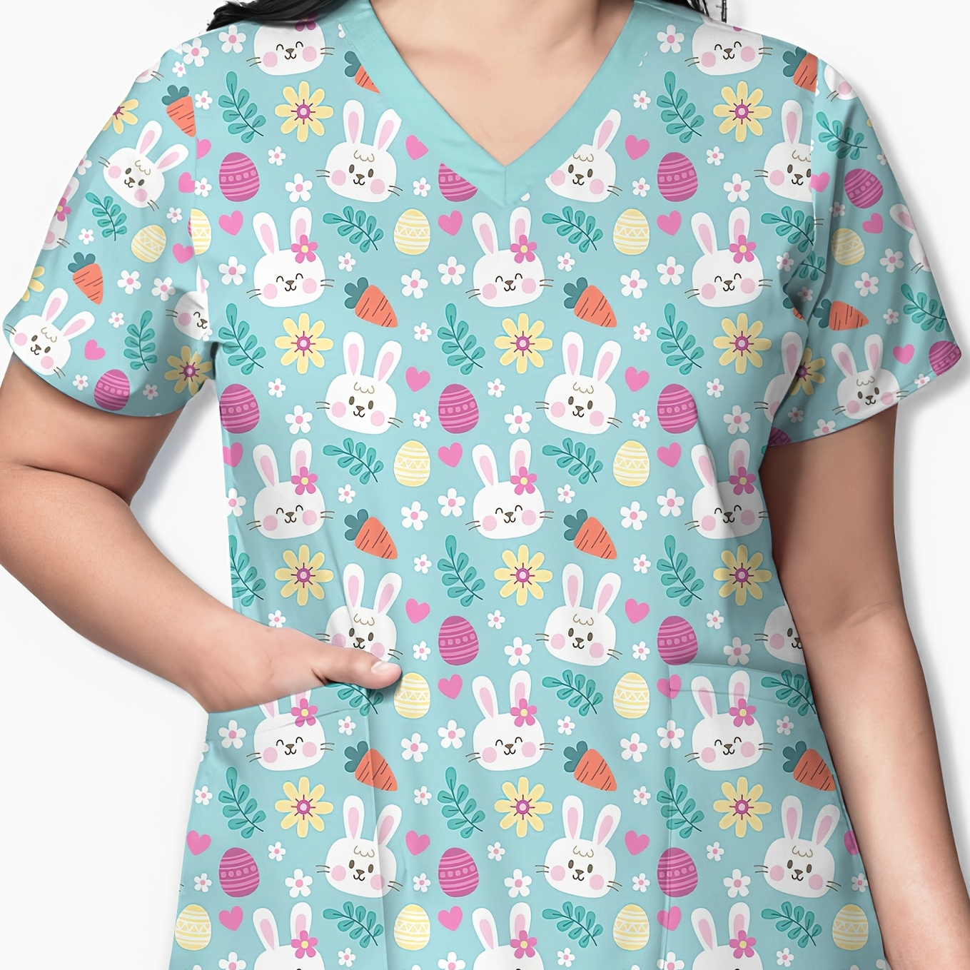 

1pc Easter Bunny Floral Print Cute V-neck Short Sleeve Scrub Top With Dual Pockets, , Polyester Knit Fabric, Regular Length, Summer Season, Animal Pattern, For - Plus Size