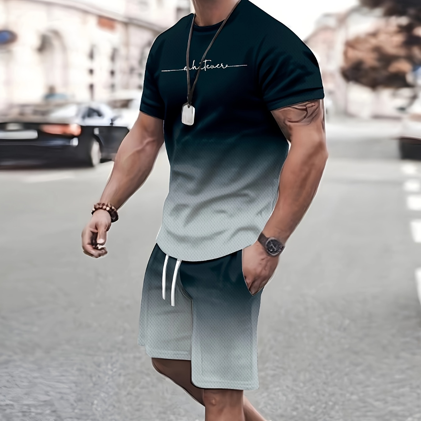 

2pcs Trendy Ombre Outfits For Men, Casual Crew Neck Short Sleeve T-shirt And Shorts Set For Summer, Men's Clothing Vacation Workout