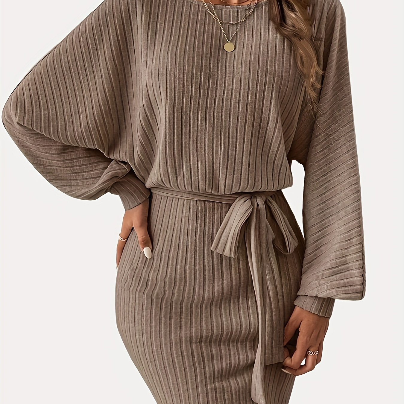 

Lace Up Ribbed Cinched Waist Dress, Elegant Crew Neck Long Sleeve Dress For Spring & Fall, Women's Clothing