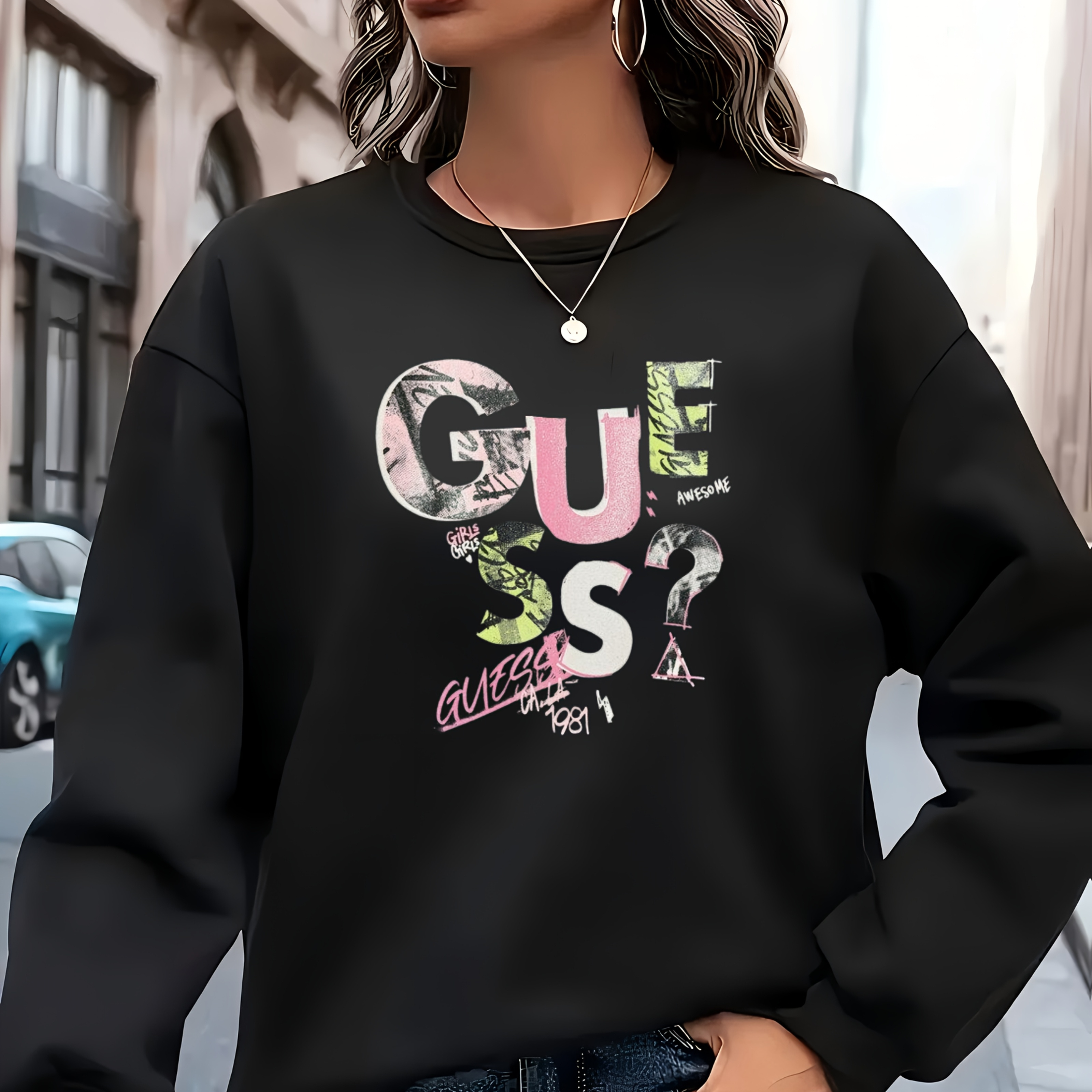 

Women's Casual Fashion Sweatshirt With "guess Ok" Print, Elegant Crew Neck Pullover, 100% Polyester Knit Fabric, Comfortable Warm Daily Wear, Adult Hoodie, Machine Washable, Regular Length