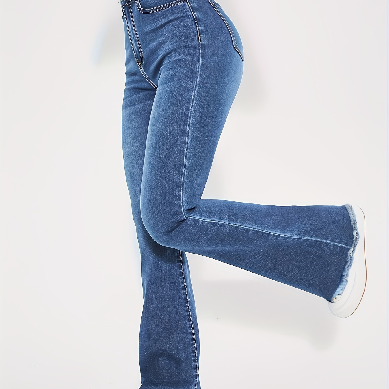

Flare Leg Plain Washed Blue Casual Style Zipper Button Closure Denim Pants, Women's Denim Jeans & Clothing