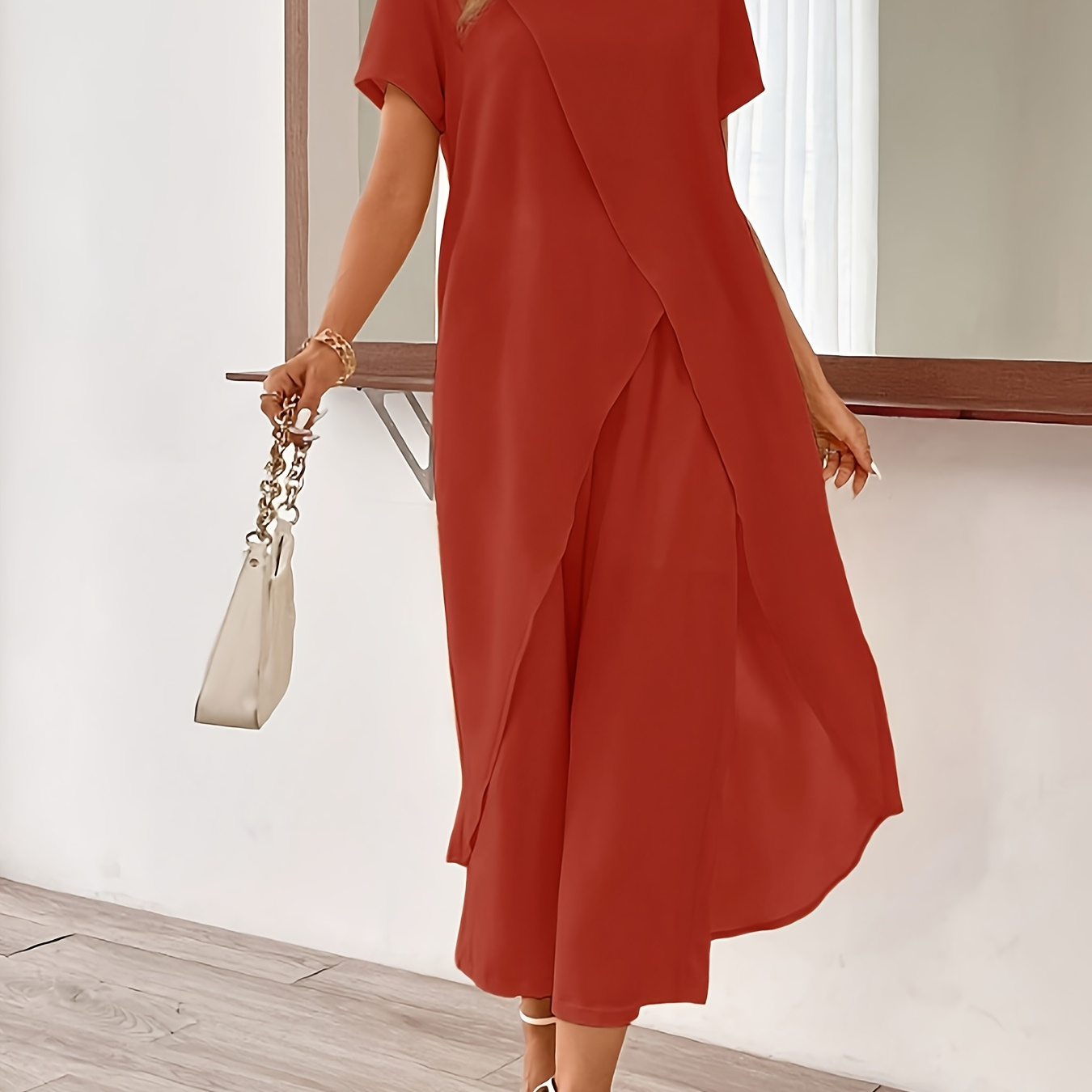 Womens Casual Vacation Solid Color Two Piece Set Featuring A