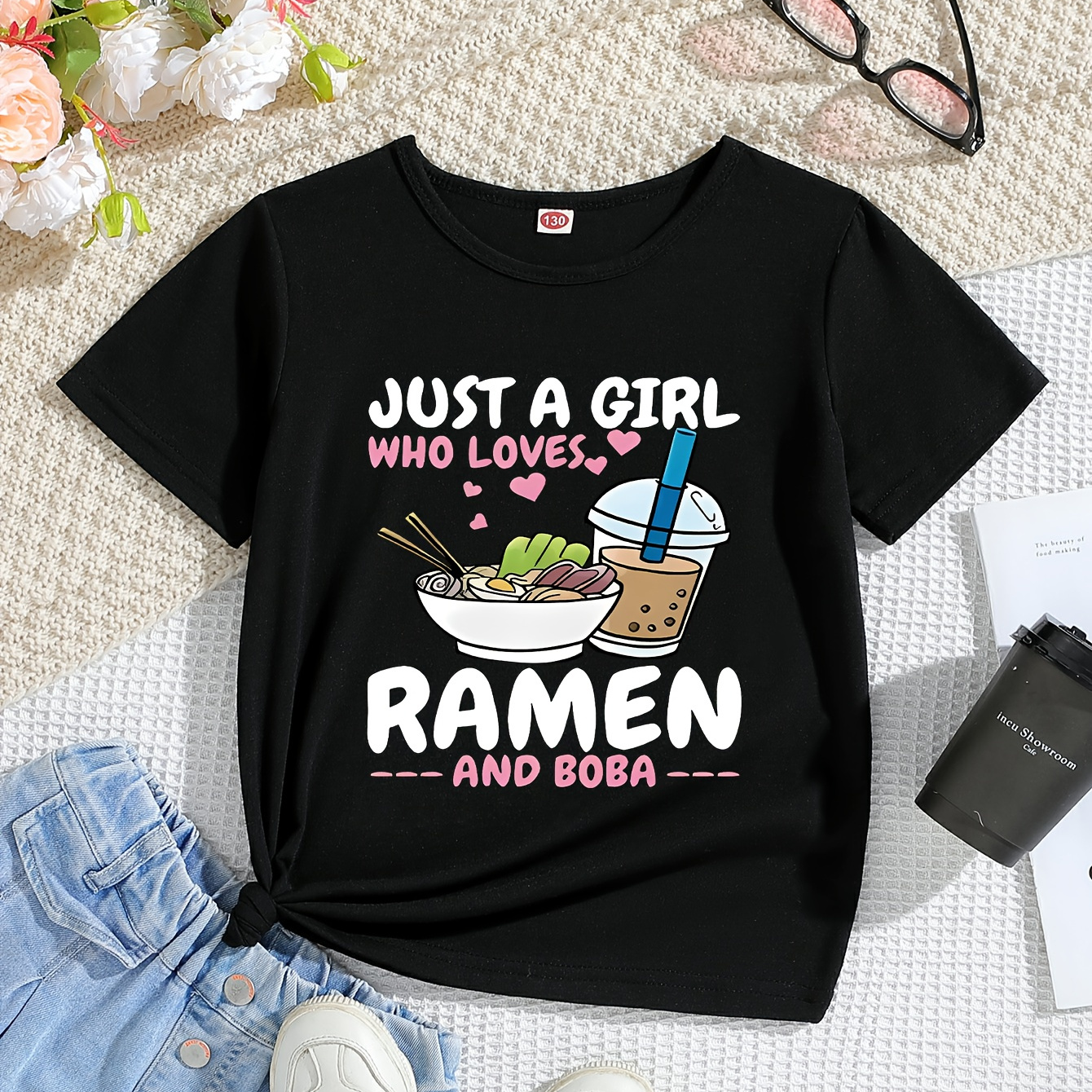 

Just A Girl Who Loves Ramen Print Girls Casual Crew Neck Short Sleeve T-shirt, Fashion Summer Top, Soft Fabric