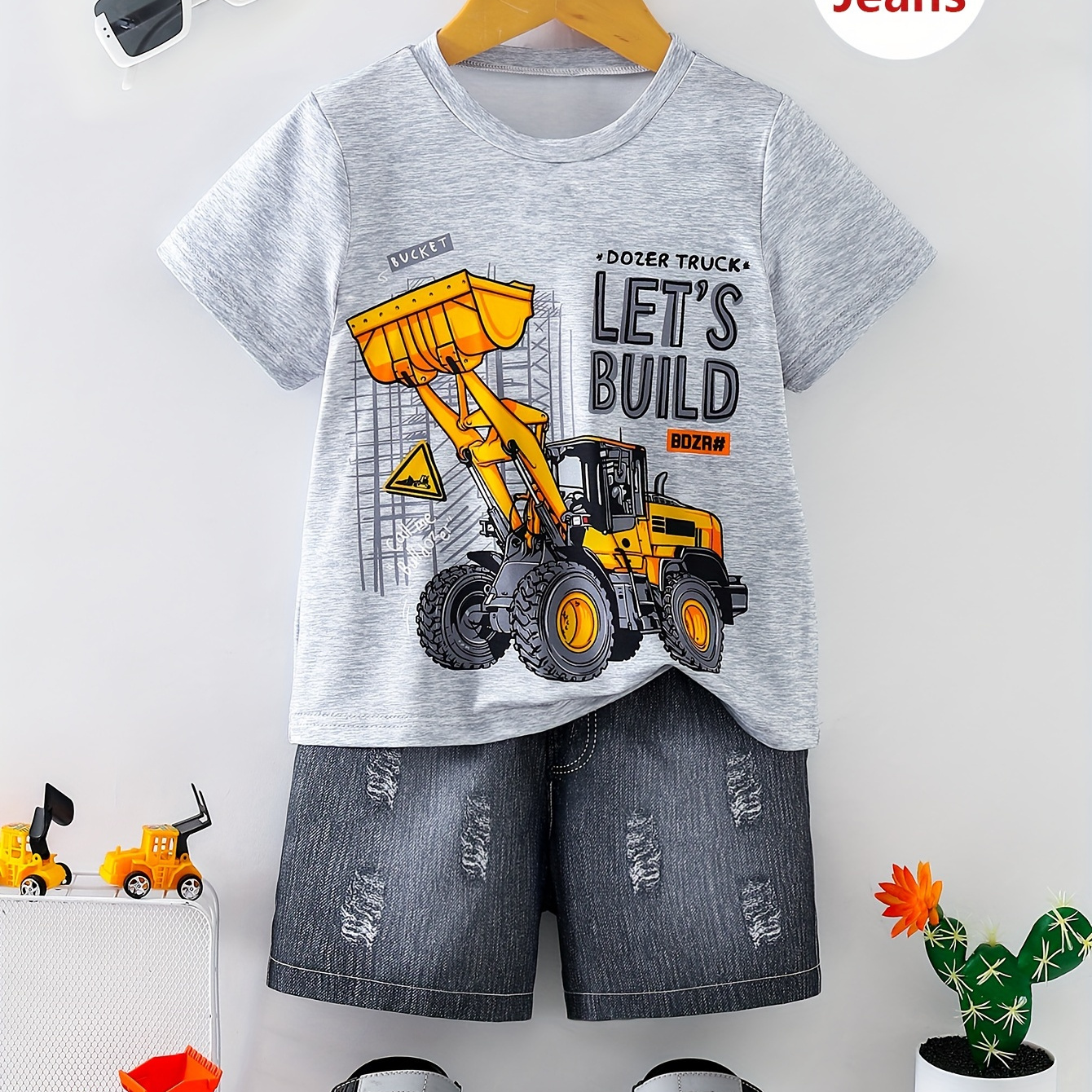 

2pcs Boys Casual Cartoon Shovel Print Versatile Short Sleeve T-shirt & Shorts Set, Cool, Lightweight And Comfy Summer Clothes