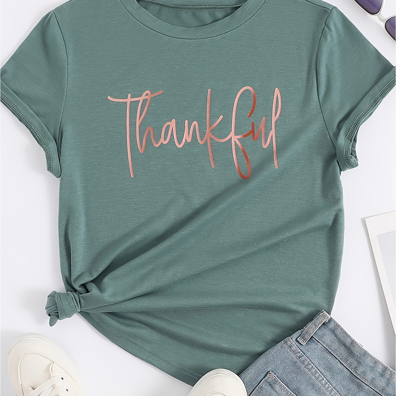 

Thankful Letter Print Crew Neck T-shirt, Casual Loose Short Sleeve Fashion Summer T-shirts Tops, Women's Clothing