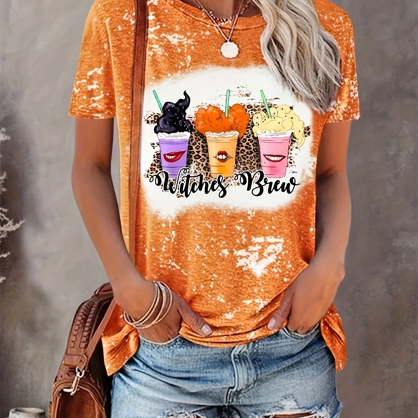 

Halloween Drink Print Crew Neck T-shirt, Casual Short Sleeve Top For Spring & Summer, Women's Clothing