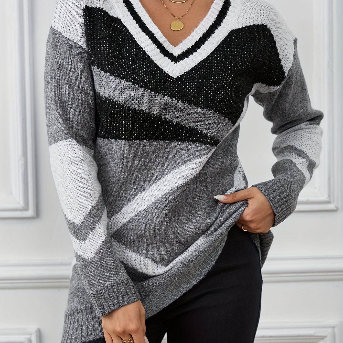 

Pullover ample à col en V et épaules tombantes, bloc de couleur, élégant pour l'hiver et l'automne, vêtements pour femmes.