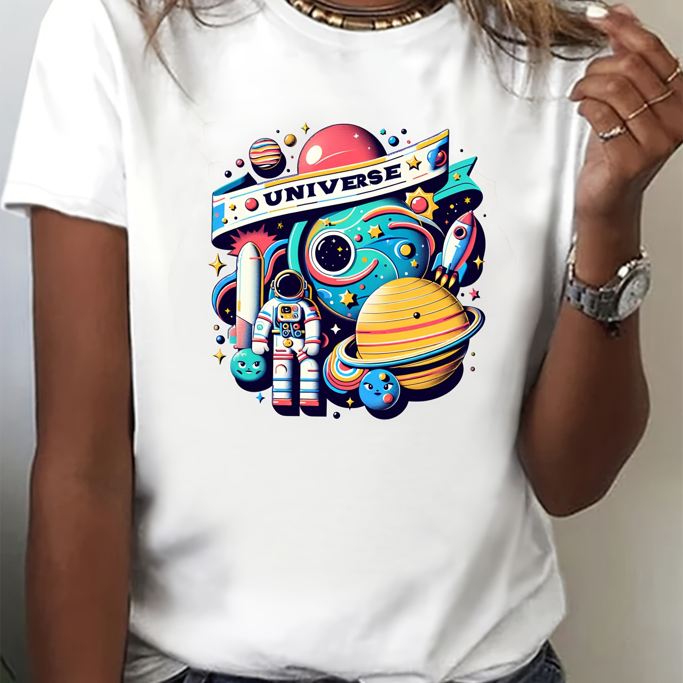 

Astronaut Planet Graphic Print T-shirt, Short Sleeve Crew Neck Casual Top For Summer & Spring, Women's Clothing