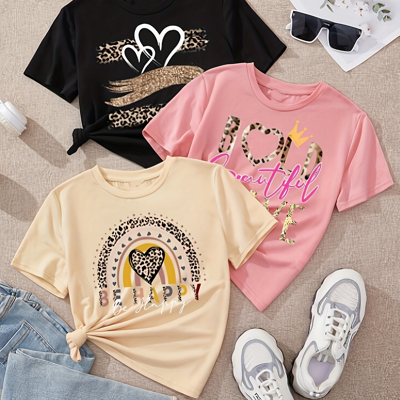 

Be Happy & Heart/crown/golden Paint Graphic Print Tees, Girls 3pcs/set Comfy & Trendy T-shirts For Spring & Summer, Girls Clothes For Outdoors