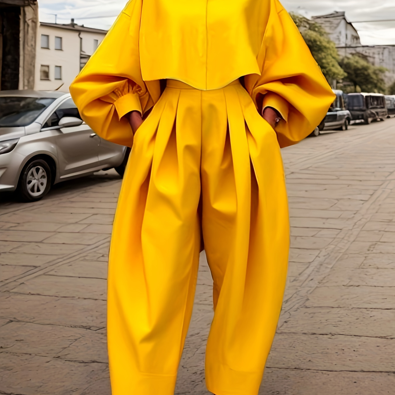 

Elegant Yellow Two-piece Set: Chic Lantern Sleeve Button-up Blouse & Pleated High-waist Pants - 100% Polyester, Machine Washable - Spring/fall Fashion