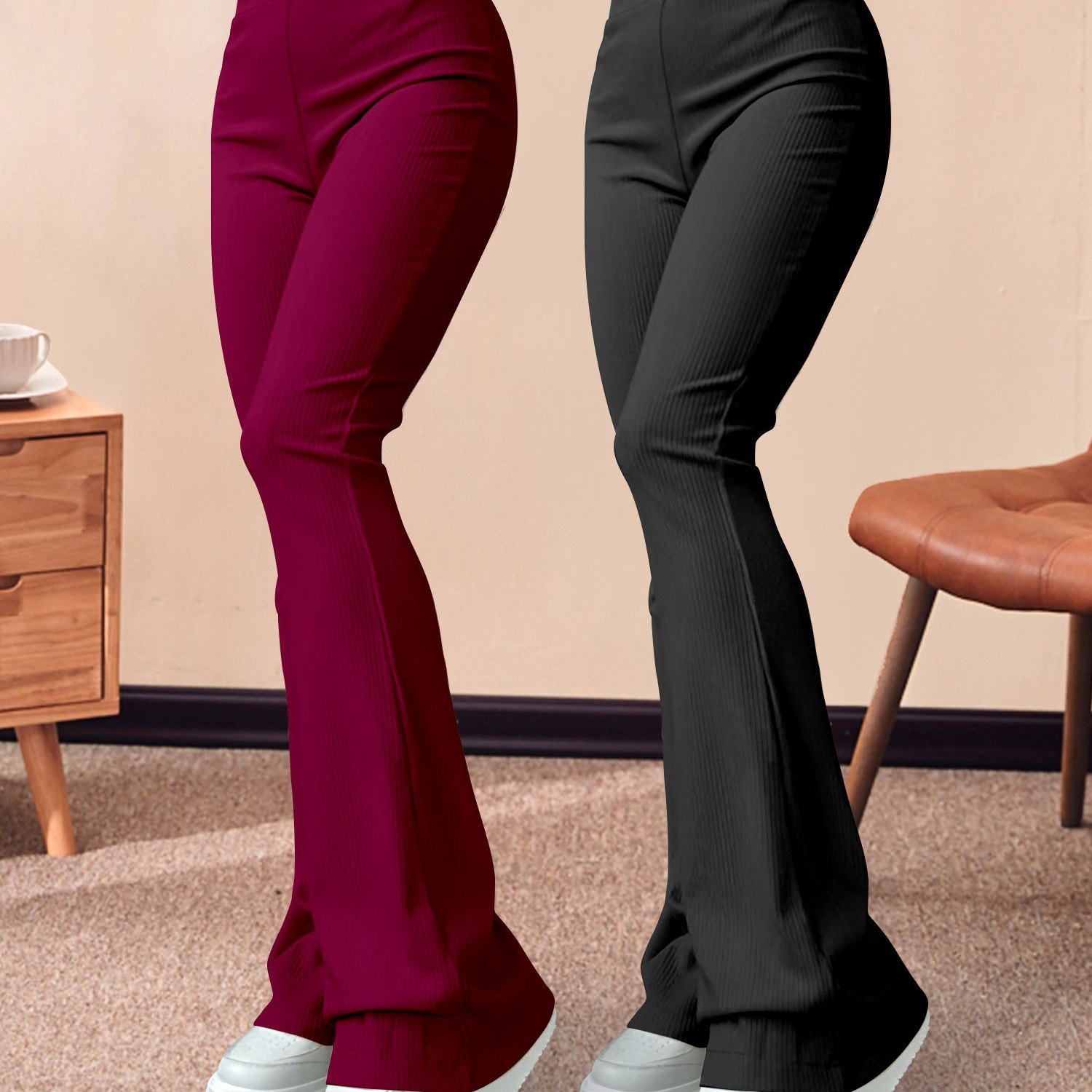 

Two-piece Set-k11 Women's Shaping Yoga Pants High Waist Bell Pants Sports Plain Color Casual Trousers