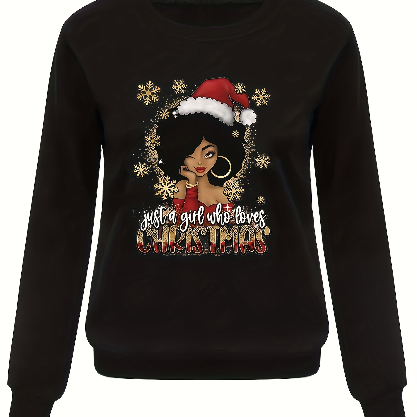 

Plus Size Christmas Casual Sweatshirt, Women's Plus Slogan & Cartoon Figure Print Long Sleeve Round Neck Sweatshirt