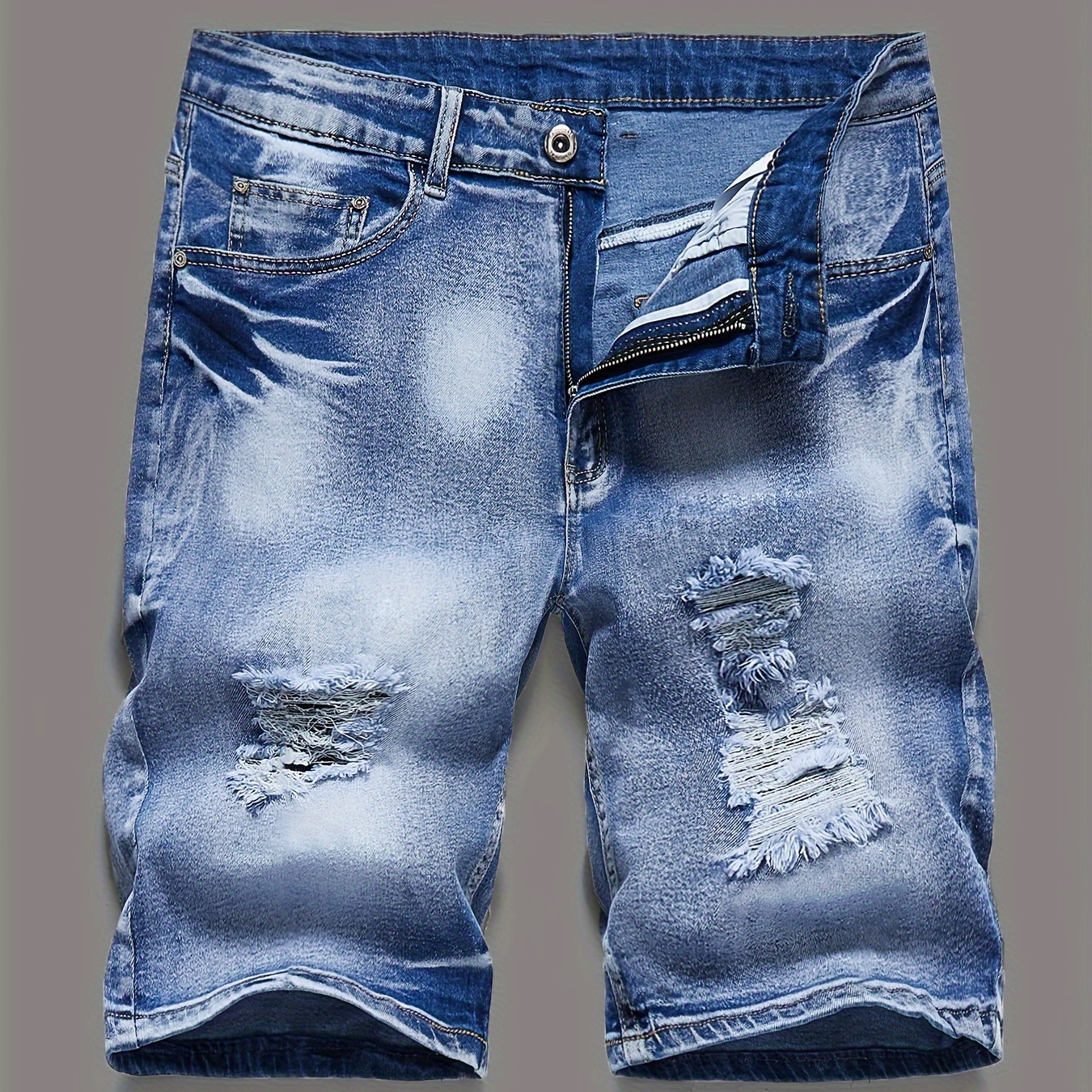 

Men's Stretch Denim Shorts, Distressed Ripped Jean Shorts, Casual Summer Fashion, Mid-waist Zip-fly Slim Fit Blue Shorts