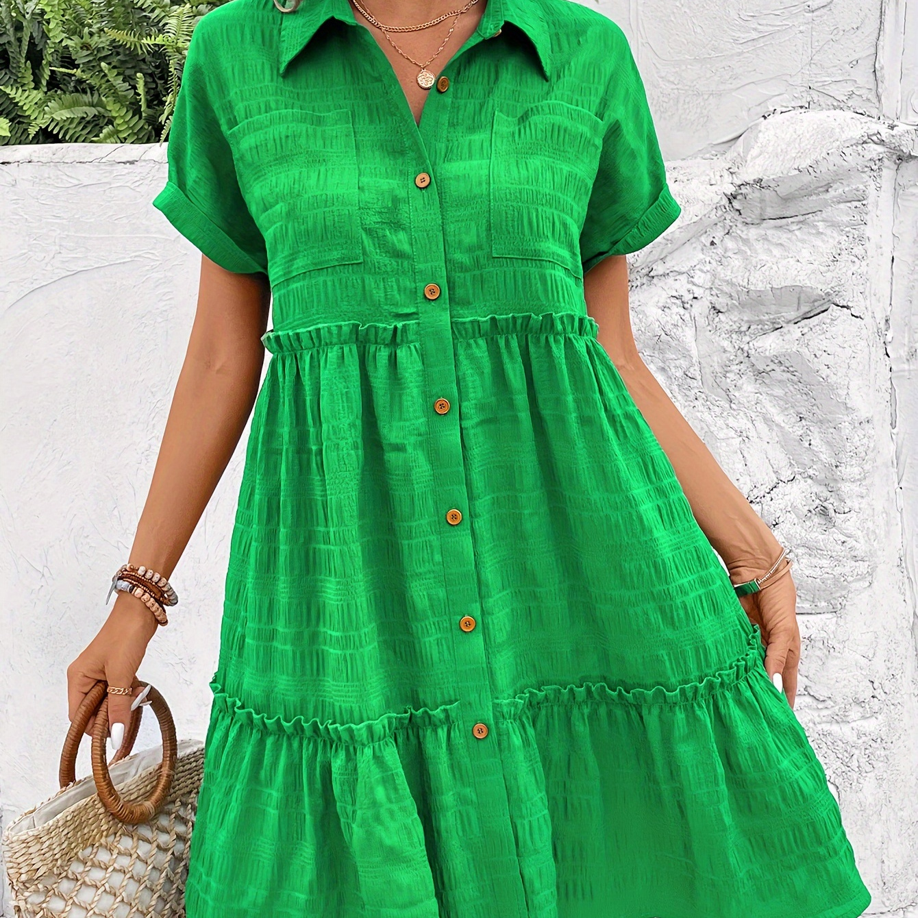 

Frill Trim Button Front Shirt Dress, Casual Short Sleeve Loose Dress For Spring & Summer, Women's Clothing