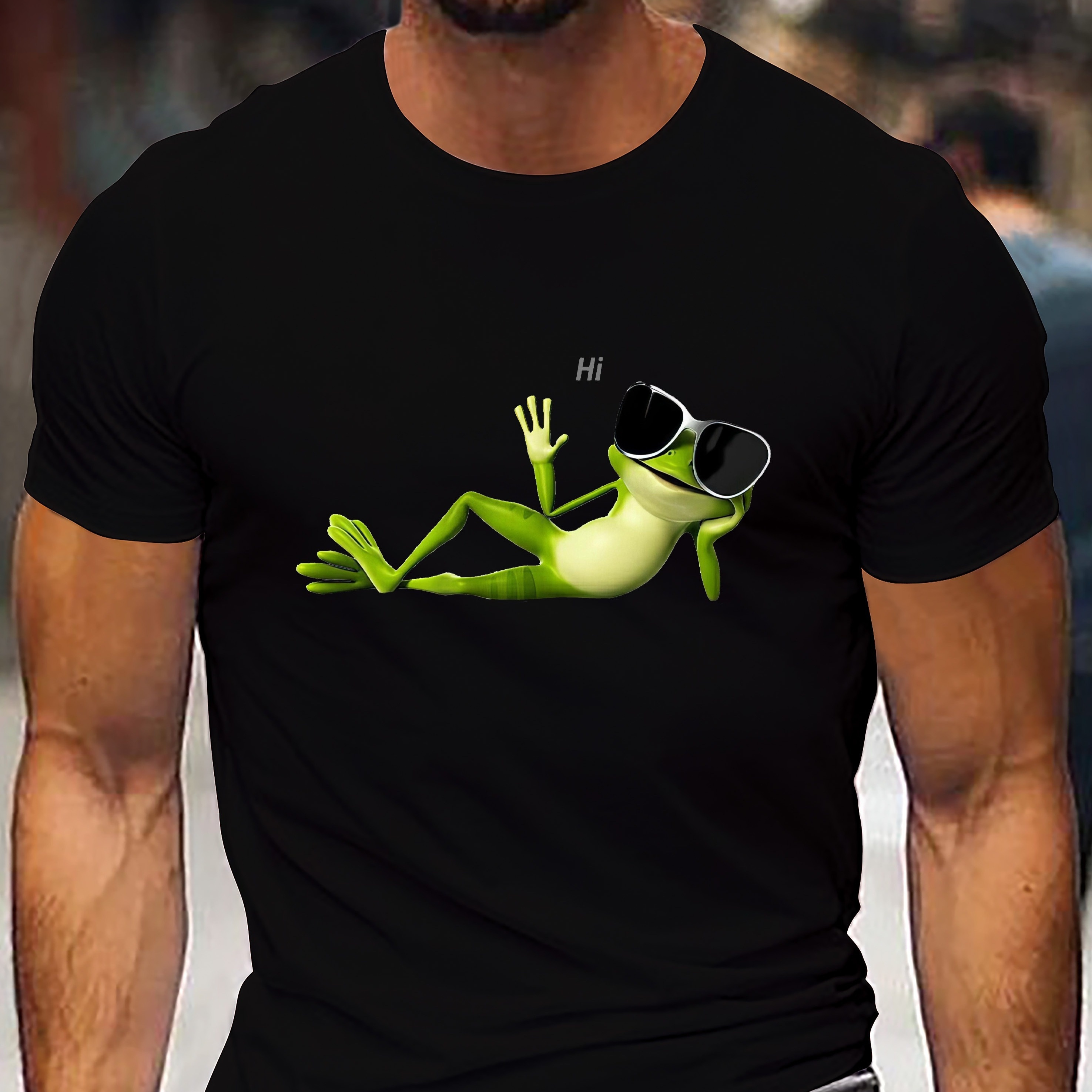 

Greeting Frog Wearing Sunglasses Print Men's Creative Summer Top, Casual Short Sleeve Crew Neck T-shirt, Men's Versatile Comfy Clothing For Daily Wear