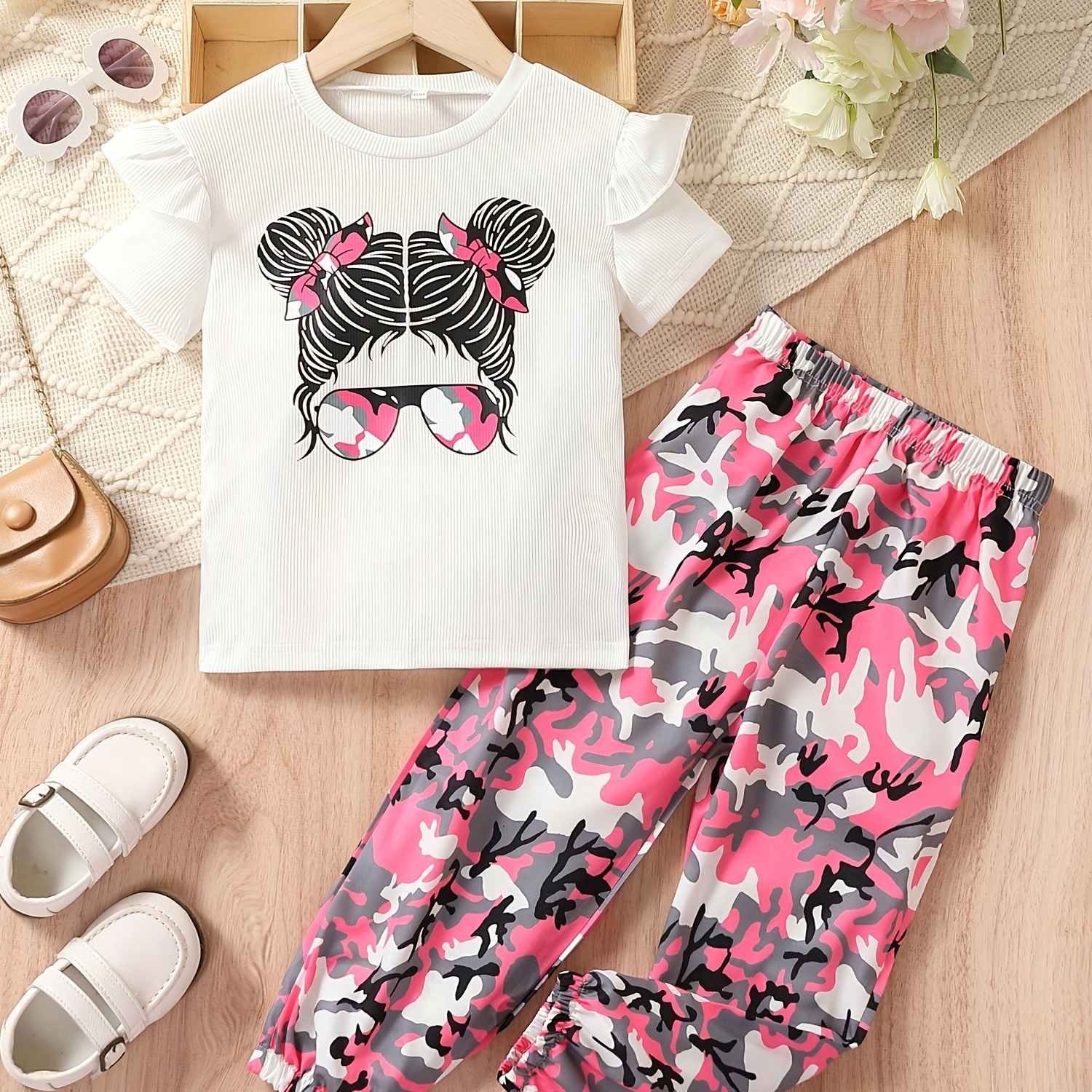 

Girl's 2pcs T-shirt & Elastic Waist Pants Set, Sunglasses Girl Print Short Sleeve Top, Camouflage Print Casual Outfits, Kids Clothes For Summer