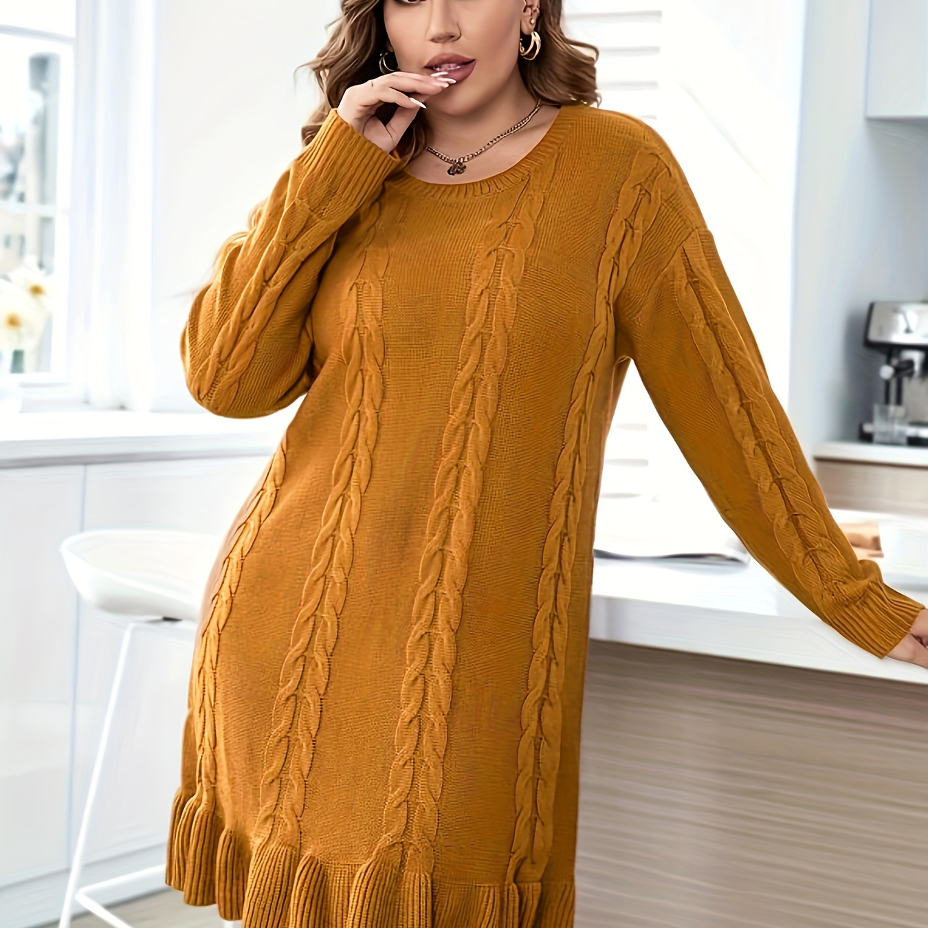 

Plus Size Casual Sweater Dress, Women's Plus Solid Cable Knit Round Neck Long Sleeve Ruffle Trim Slight Stretch Sweater Dress