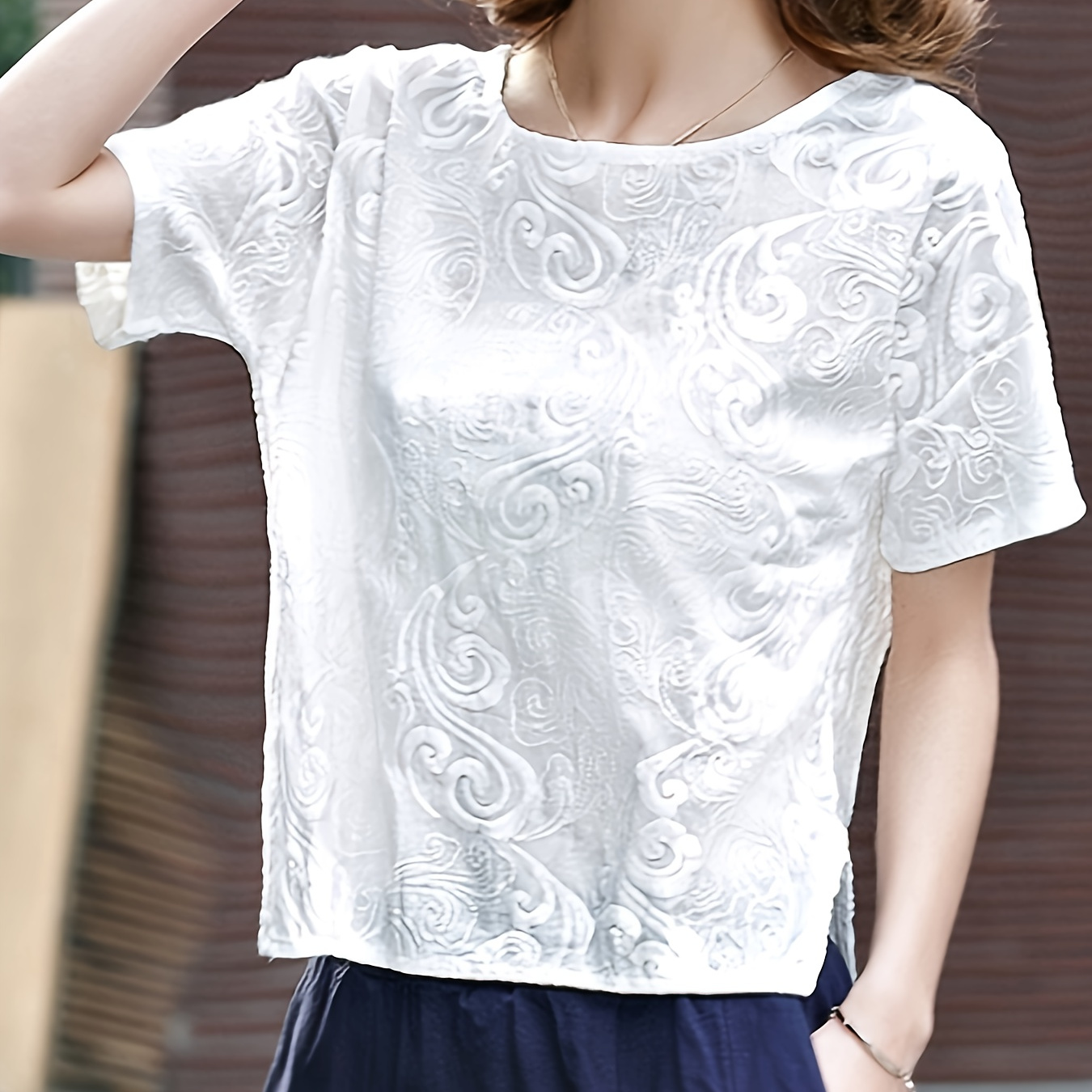

Split Hem Crew Neck Embroidered Top, Casual Short Sleeve Top For Spring & Summer, Women's Clothing