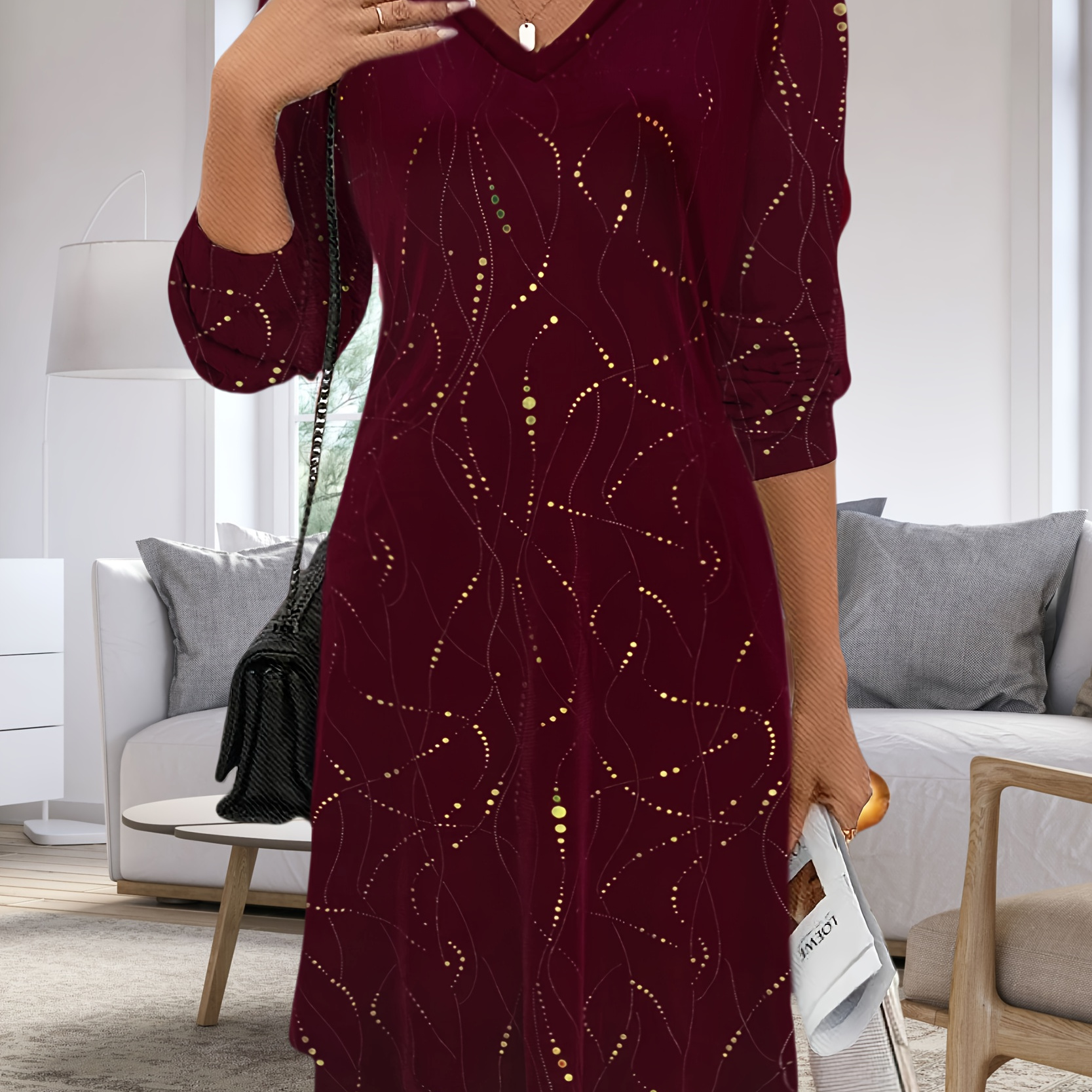 

1pc Robe en Velours pour Femme à Col V et Manches Longues avec Imprimé en Feuille , Tissu en de Polyester, Longueur Genou, Style Vacances pour Automne/Hiver