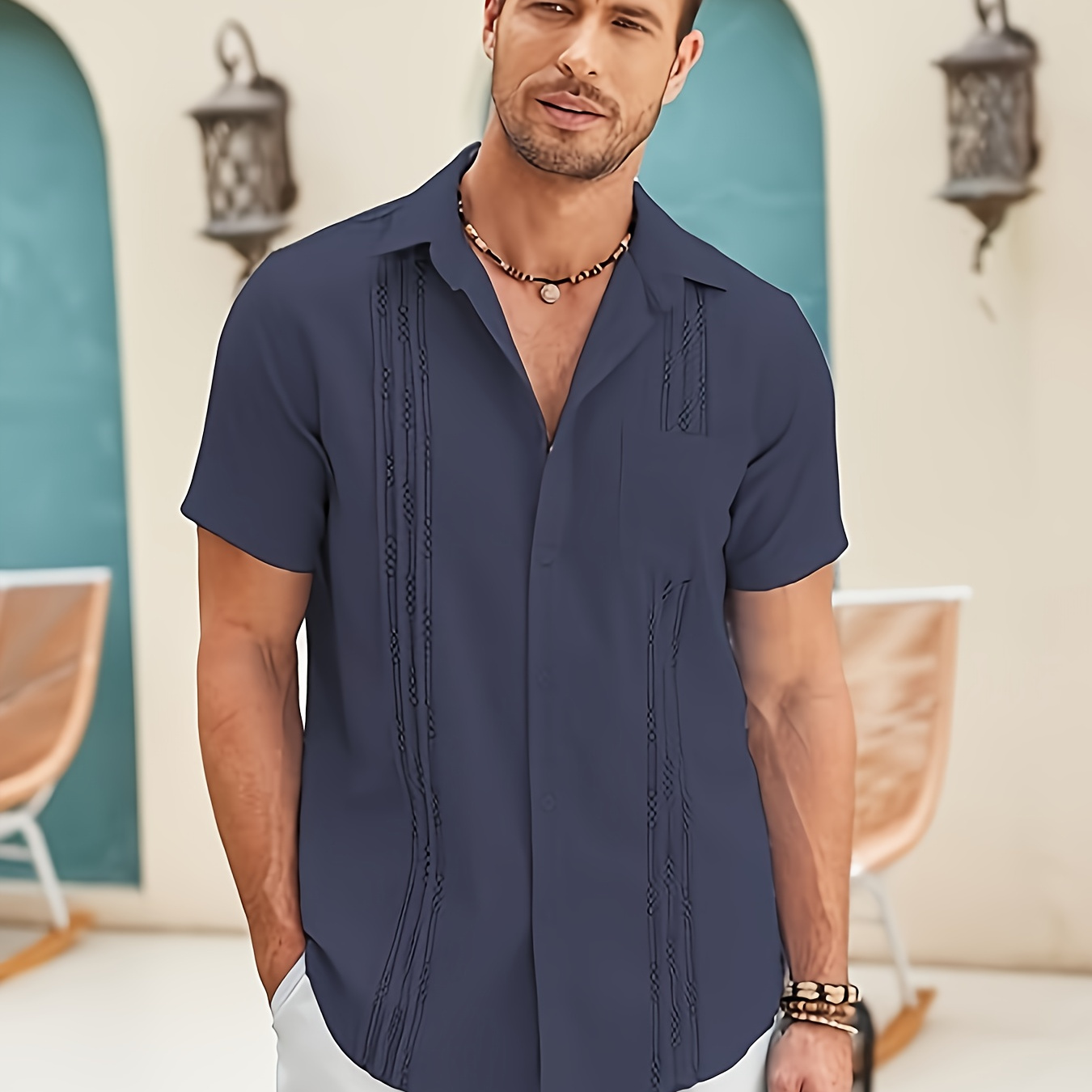 

Mens Cotton Linen Cuban Guayabera Shirt Casual Short Sleeve Button Down Shirts Summer Beach Tops